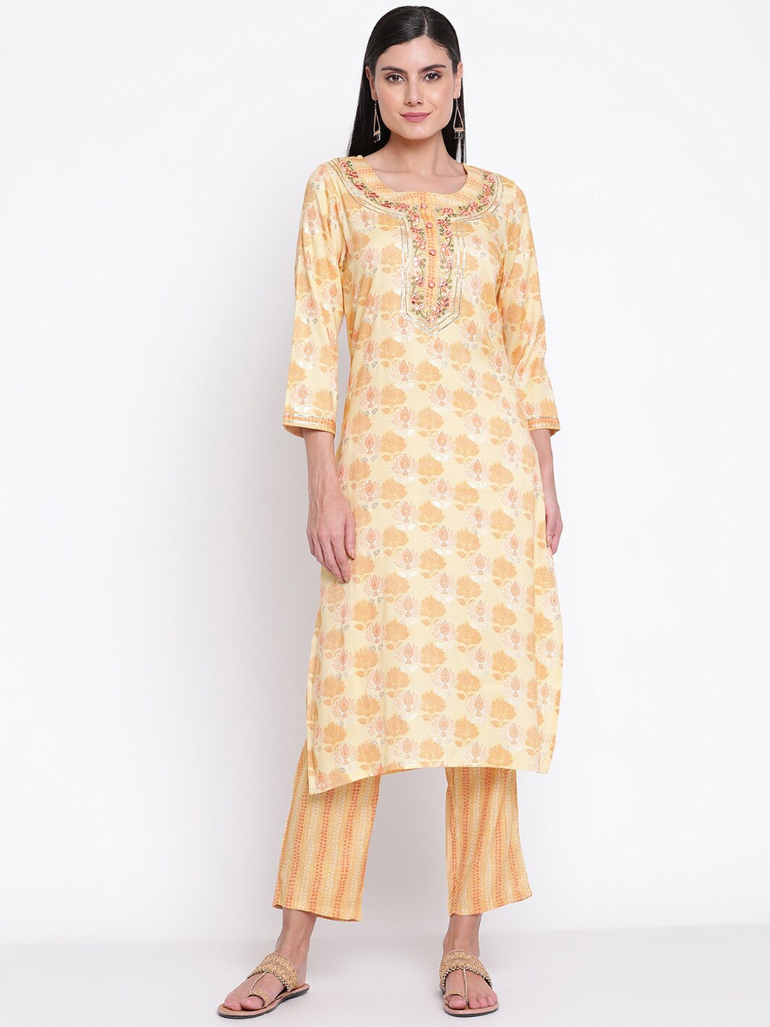 Be Indi Women Floral Printed Straight Kurta with Trousers, Yellow