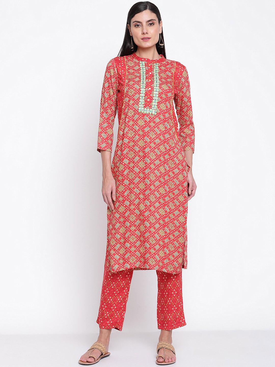 

Be Indi Women Ethnic Motifs Embroidered Straight Kurta Set with Trouser, Coral