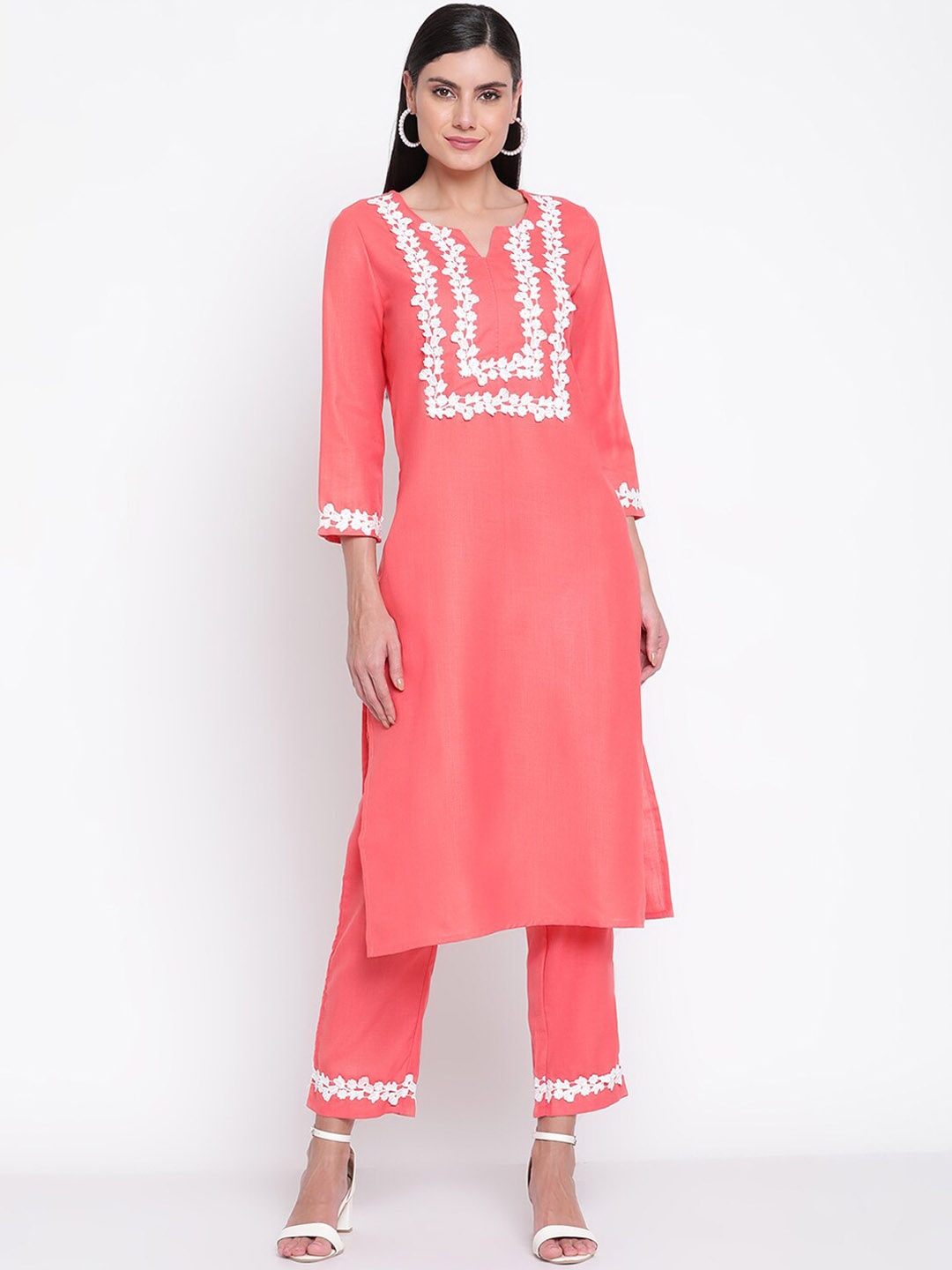 Be Indi Women Yoke Design Straight Kurta with Trousers Set, Coral