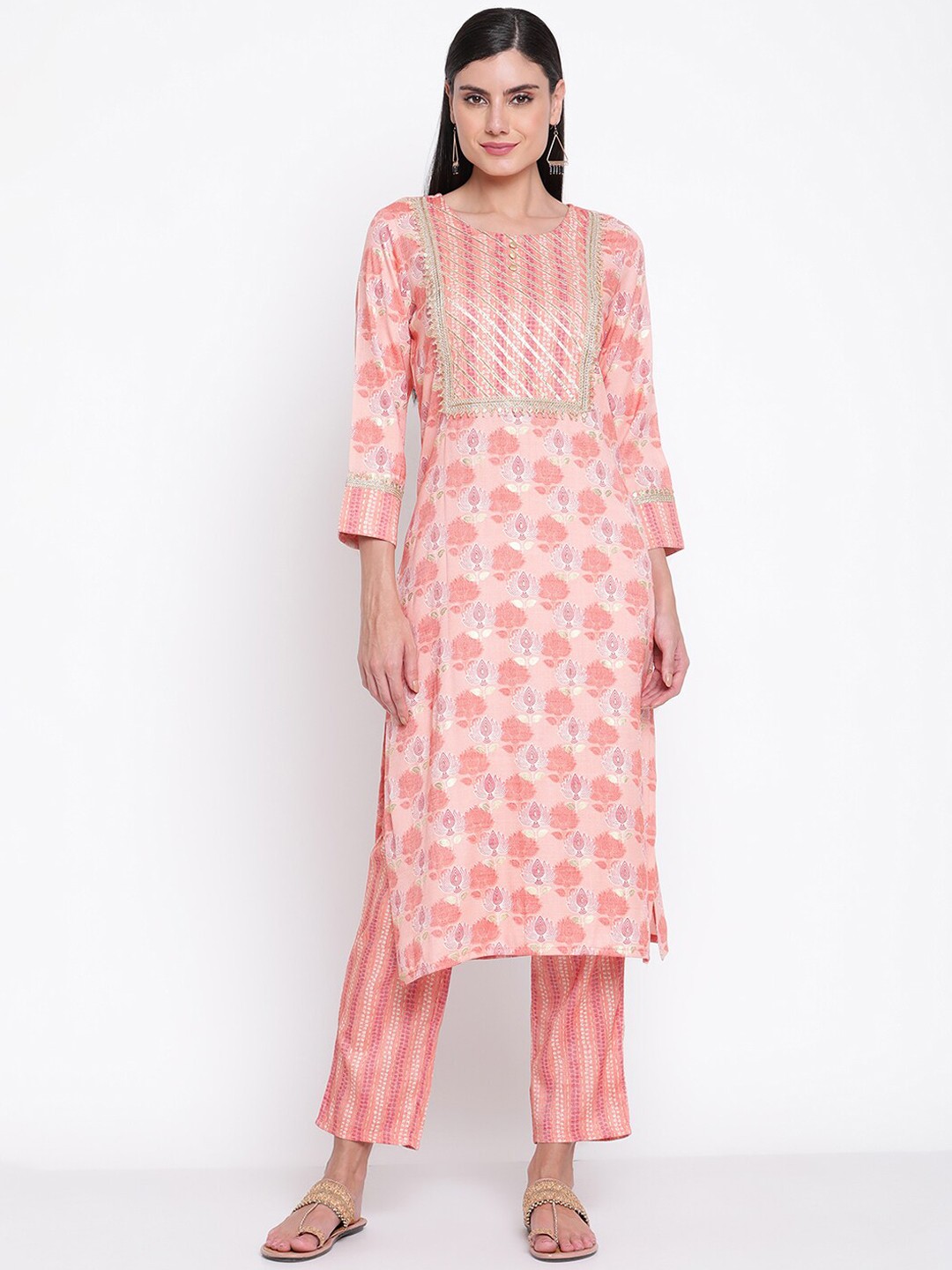 

Be Indi Women Floral Printed Straight Kurta with Trousers Set, Pink