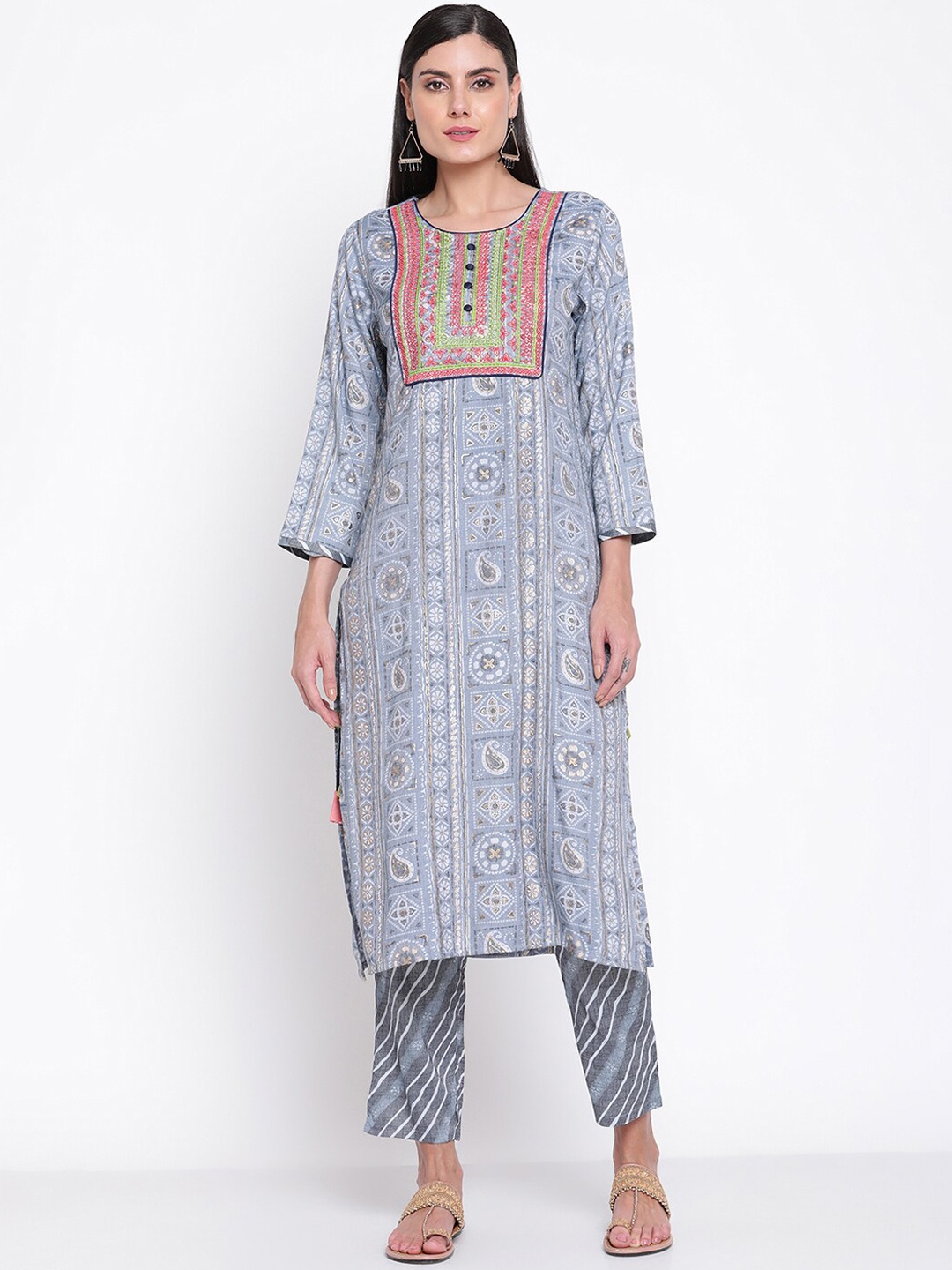 

Be Indi Women Ethnic Motifs Printed Straight Kurta with Trousers, Grey