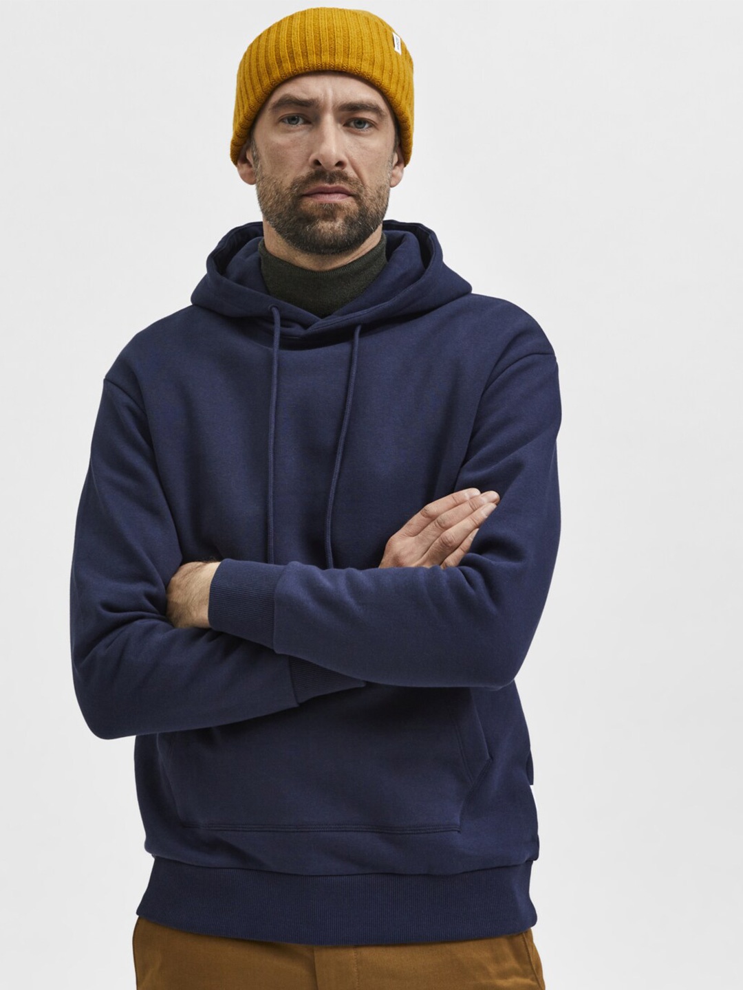 

SELECTED Men Blue Solid Cotton Hooded Sweatshirt