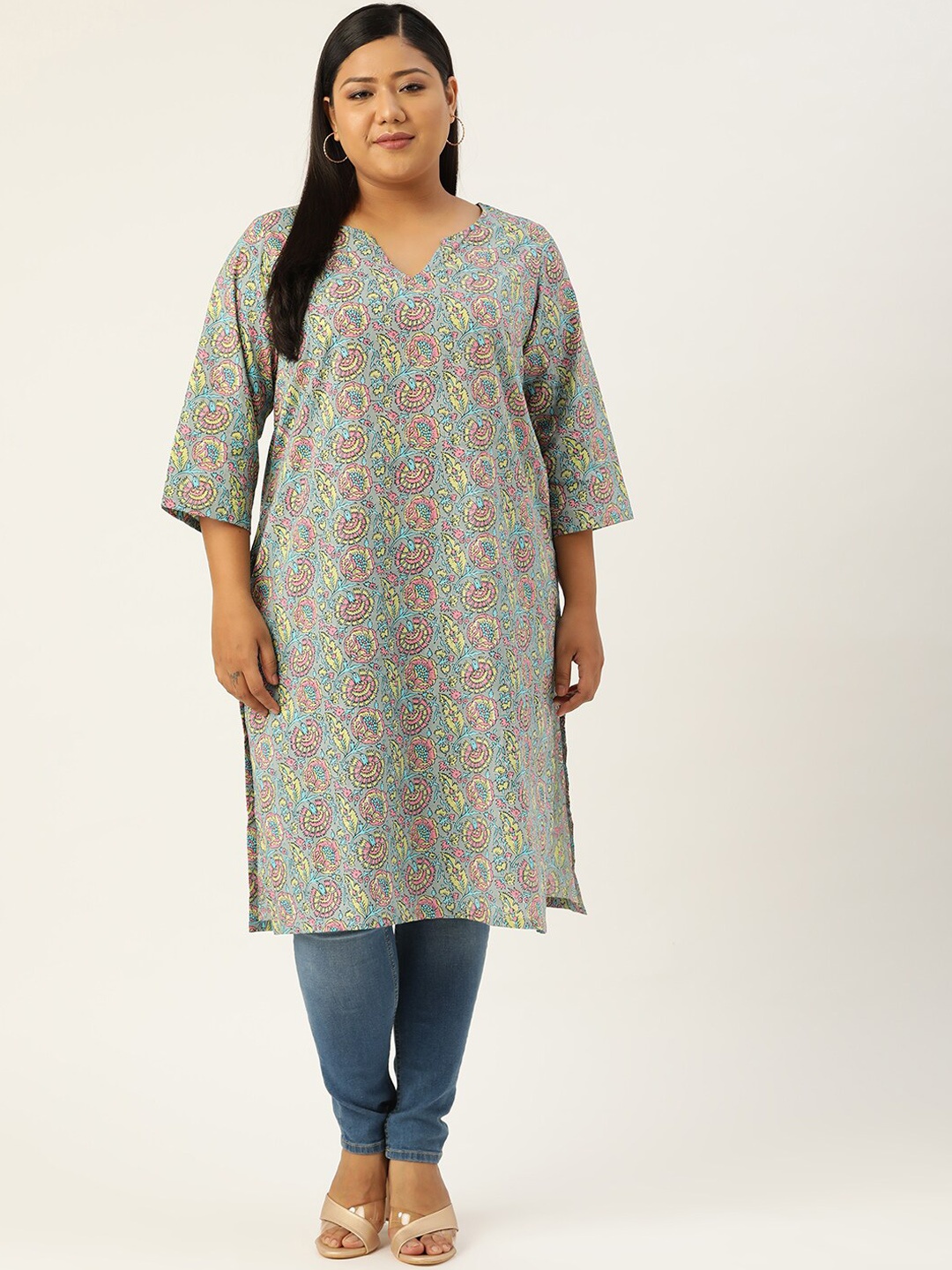 

theRebelinme Plus Size Women Grey Floral Printed Kurta