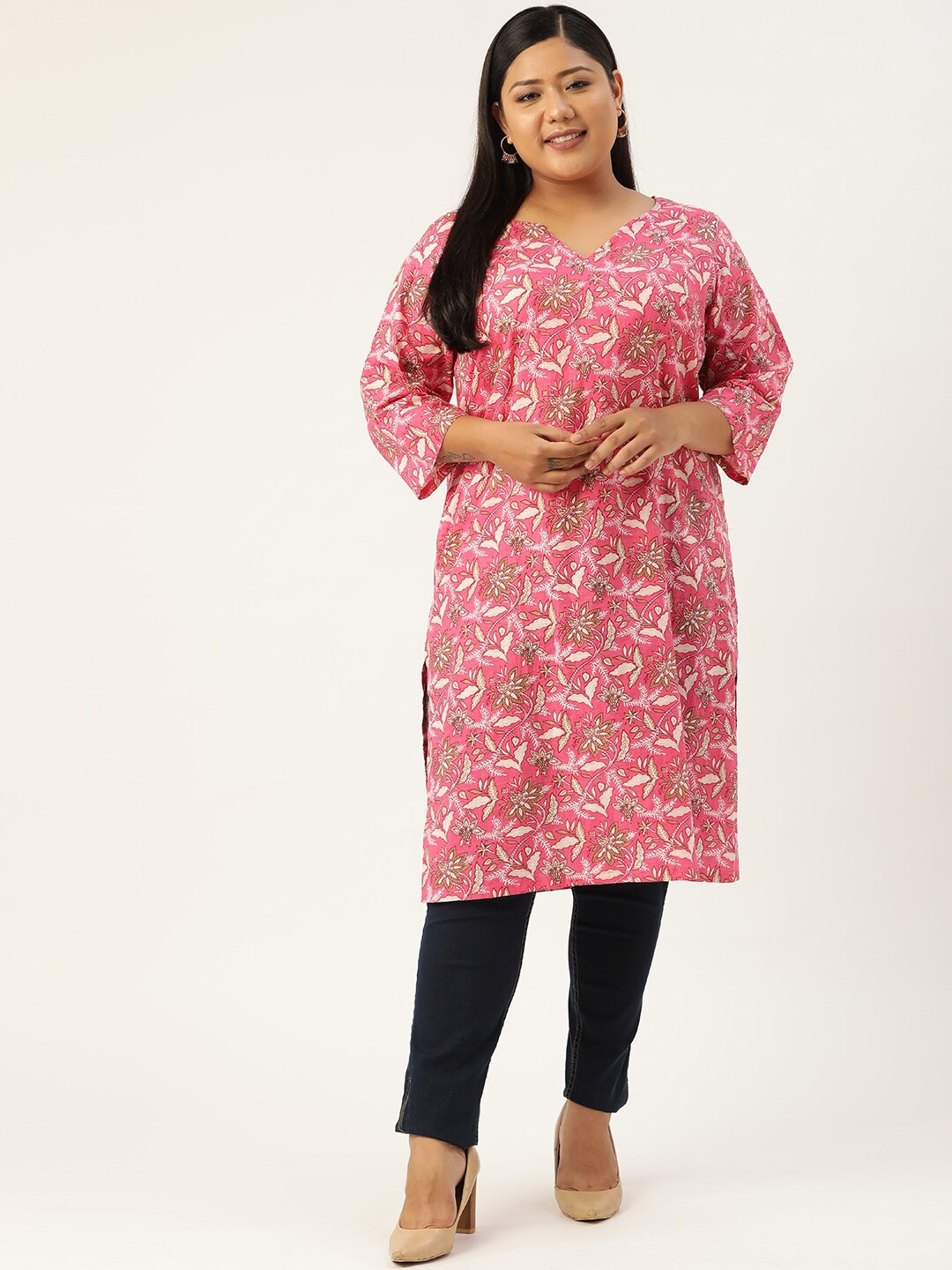 

theRebelinme Plus Size Women Pink Floral Printed Kurta