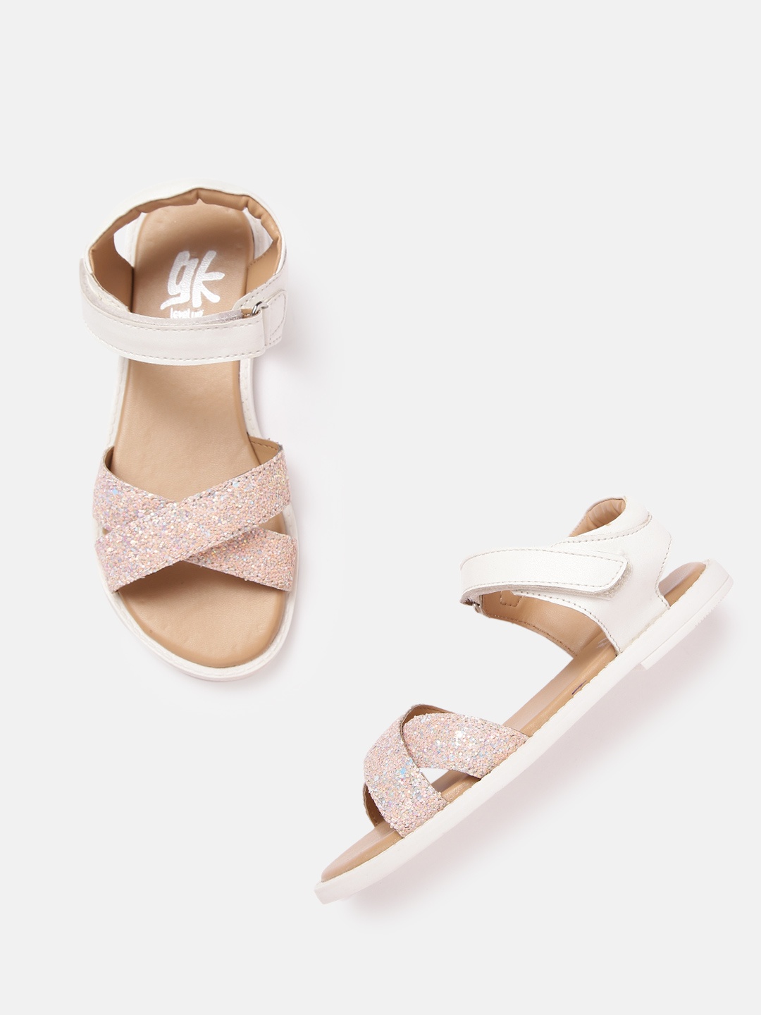 

YK Girls Peach-Coloured & White Embellished Criss-Cross Open Toe Flats