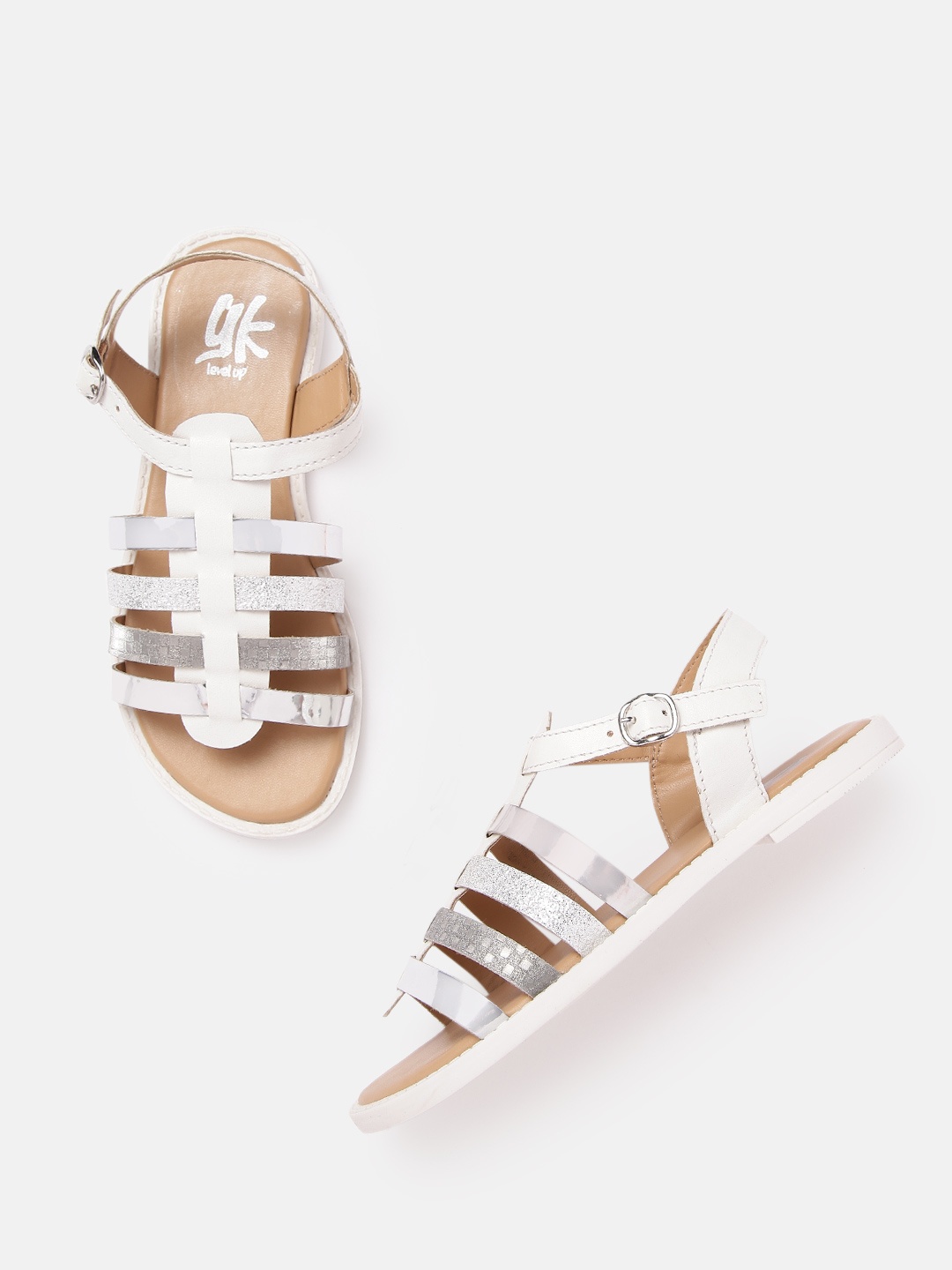 

YK Girls White & Silver-Toned Solid Gladiators with Shimmer Detail