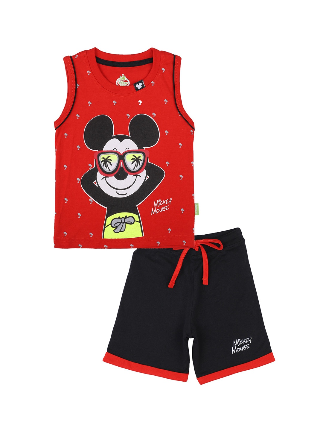 

Bodycare Kids Boys Pure Cotton Red & Black Mickey Mouse Printed T-shirt with Shorts