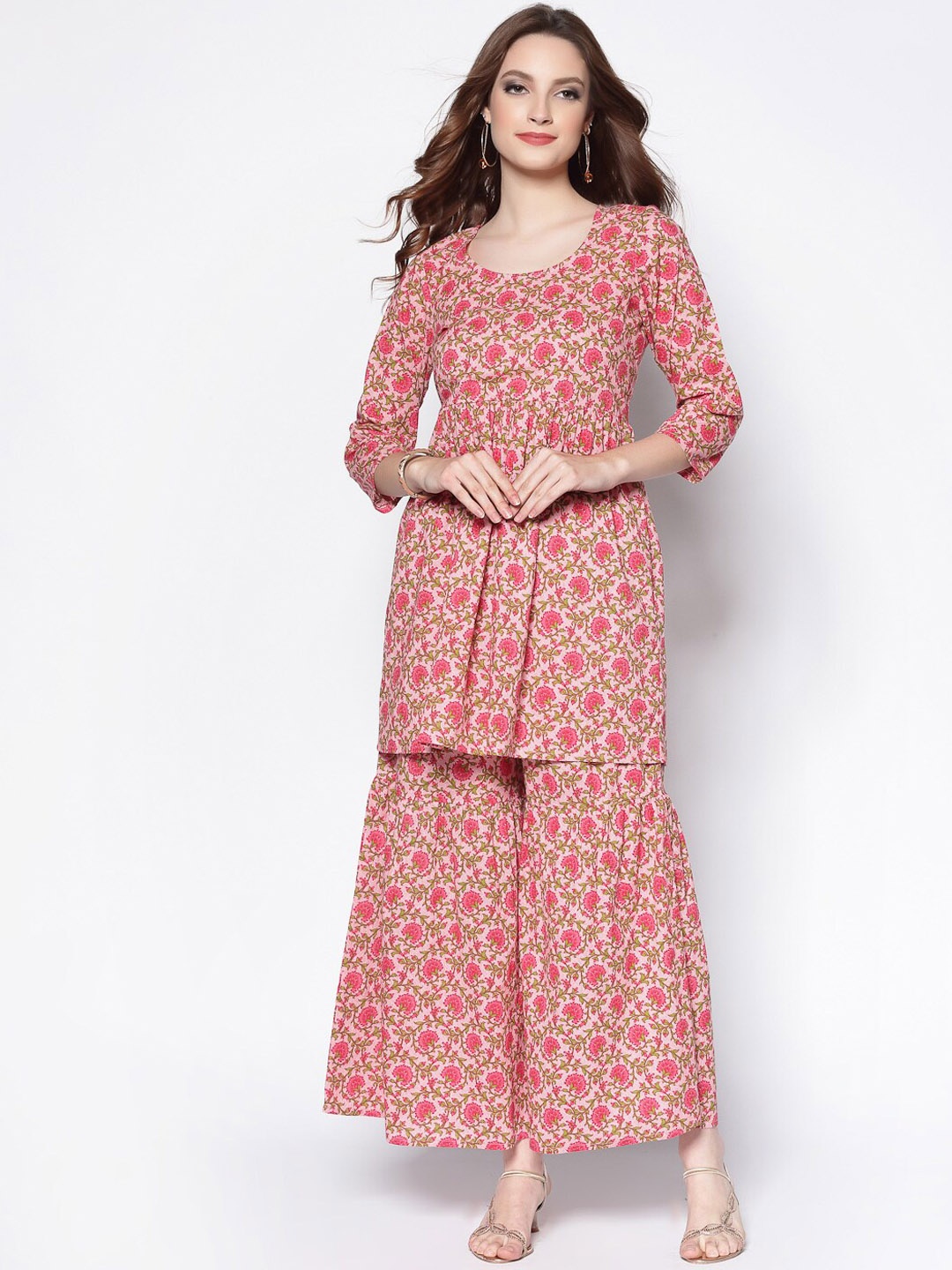 

Sera Women Pink Floral Printed Pleated Pure Cotton Kurta Set