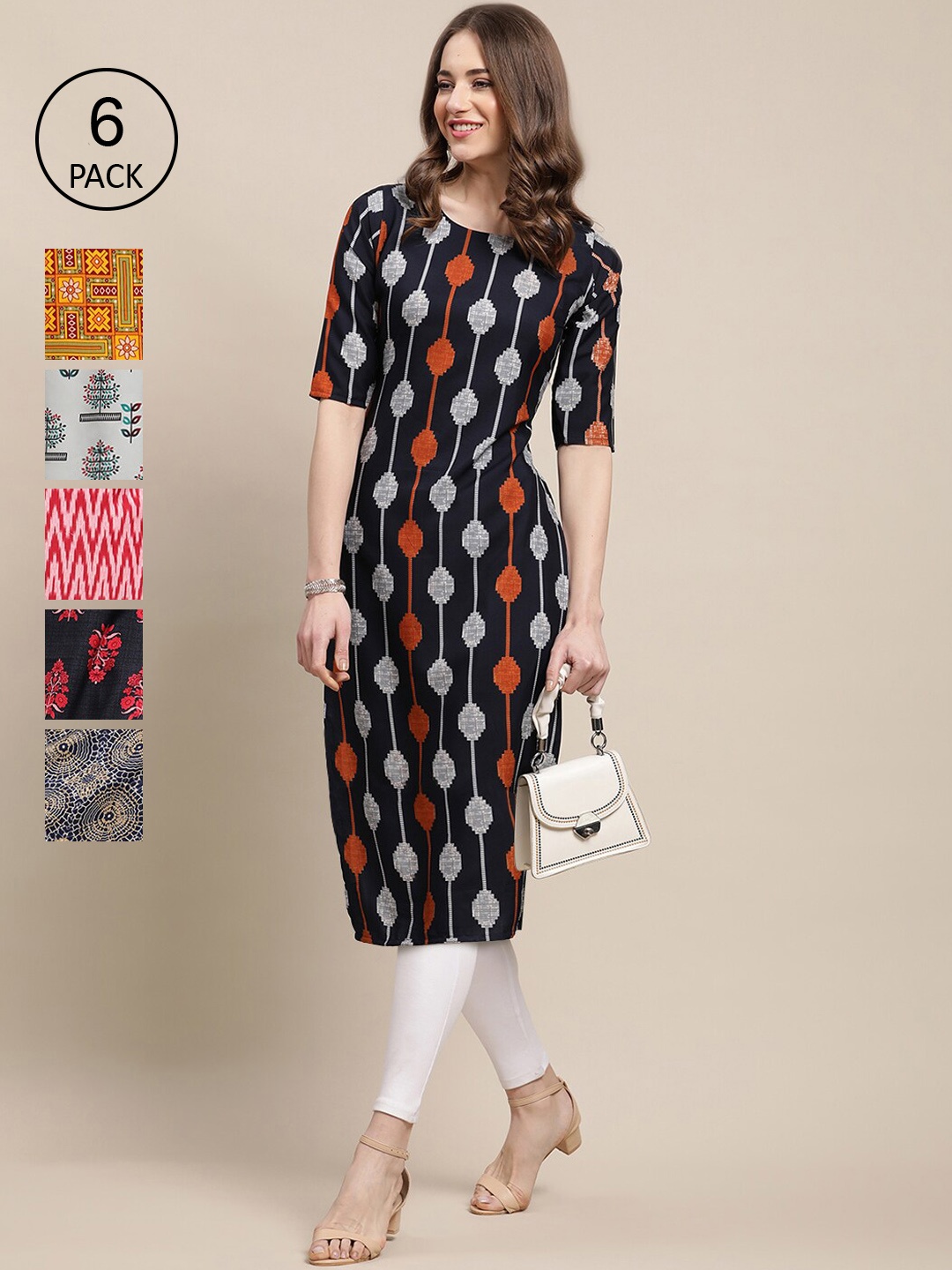 

Ethnic basket Women Pack Of 6 Multicoloured Ethnic Motifs Printed Crepe Kurta, Multi
