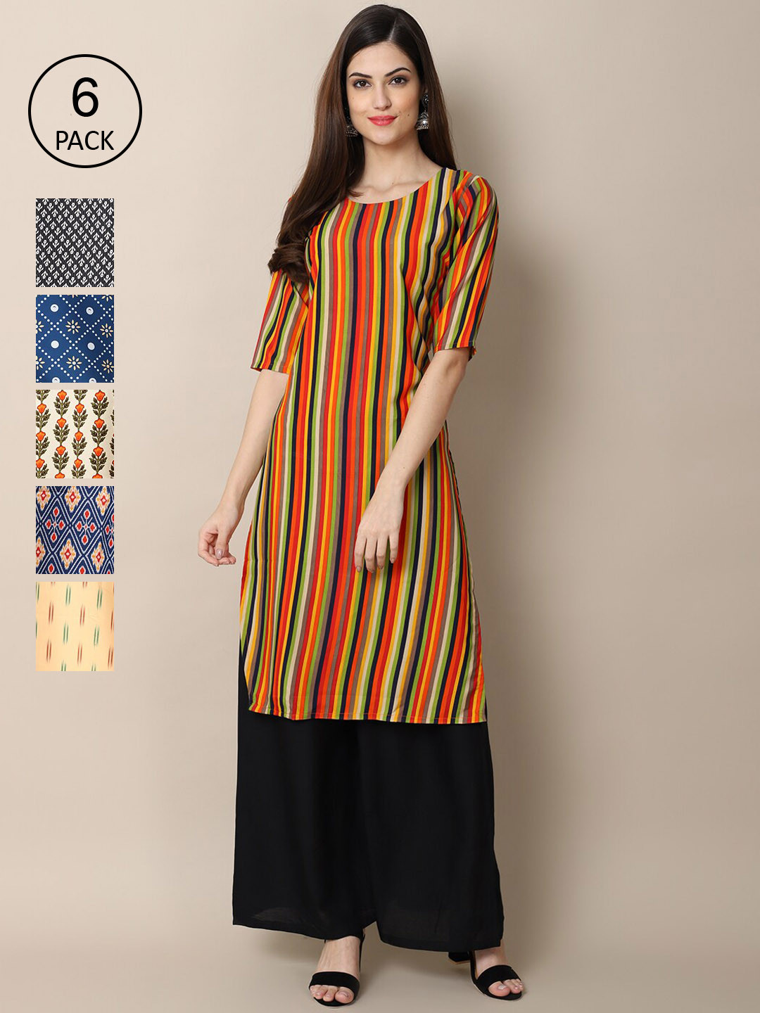 

Ethnic basket Women Pack Of 6 Multicoloured Ethnic motifs Printed Crepe Kurta, Multi