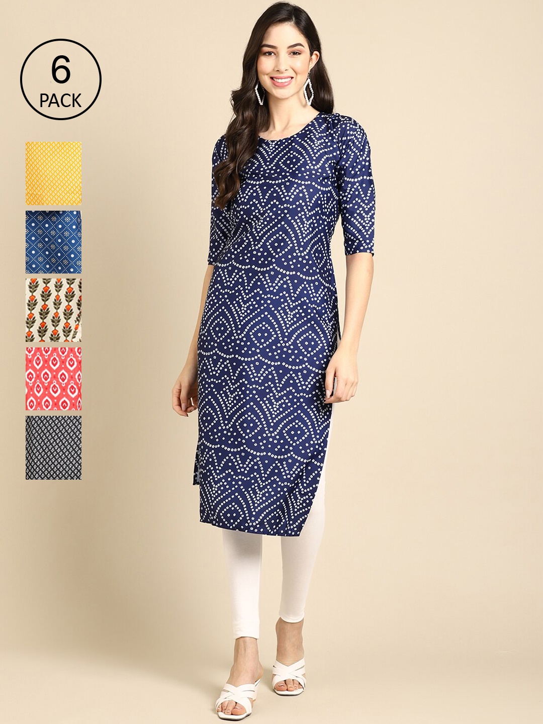

Ethnic basket Women Pack Of 6 Multicoloured Ethnic motifs Printed Crepe Kurta, Multi