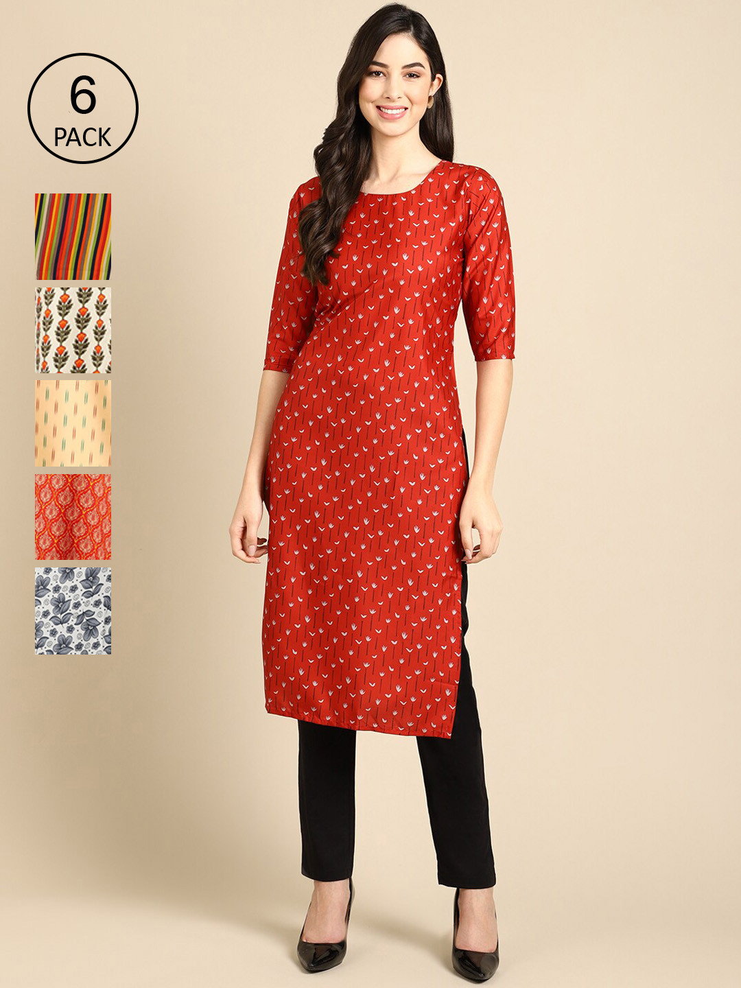 

Ethnic basket Women Pack Of 6 Multicoloured Ethnic motifs Printed Crepe Kurta, Multi