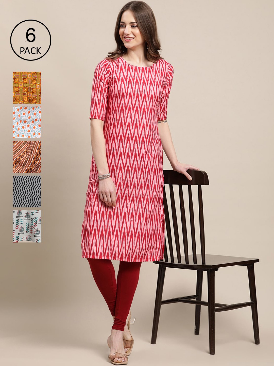 

Ethnic basket Women Pack Of 6 Multicoloured Ethnic motifs Printed Crepe Kurta, Multi