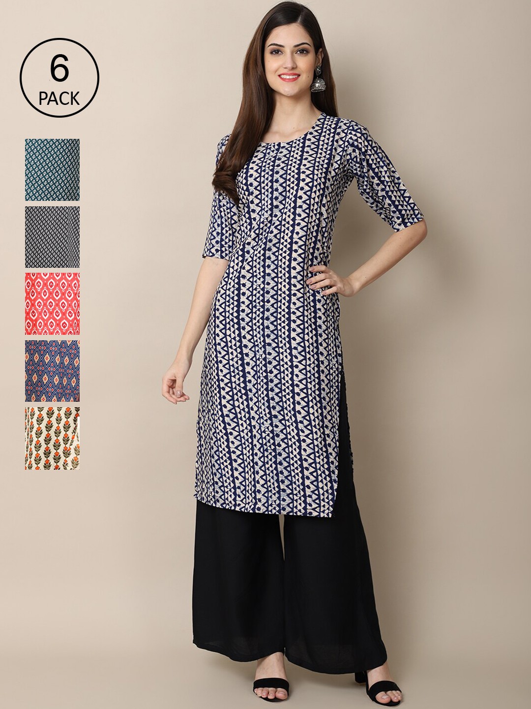 

Ethnic basket Women Pack Of 6 Multicoloured Ethnic Motifs Printed Crepe Kurta, Multi