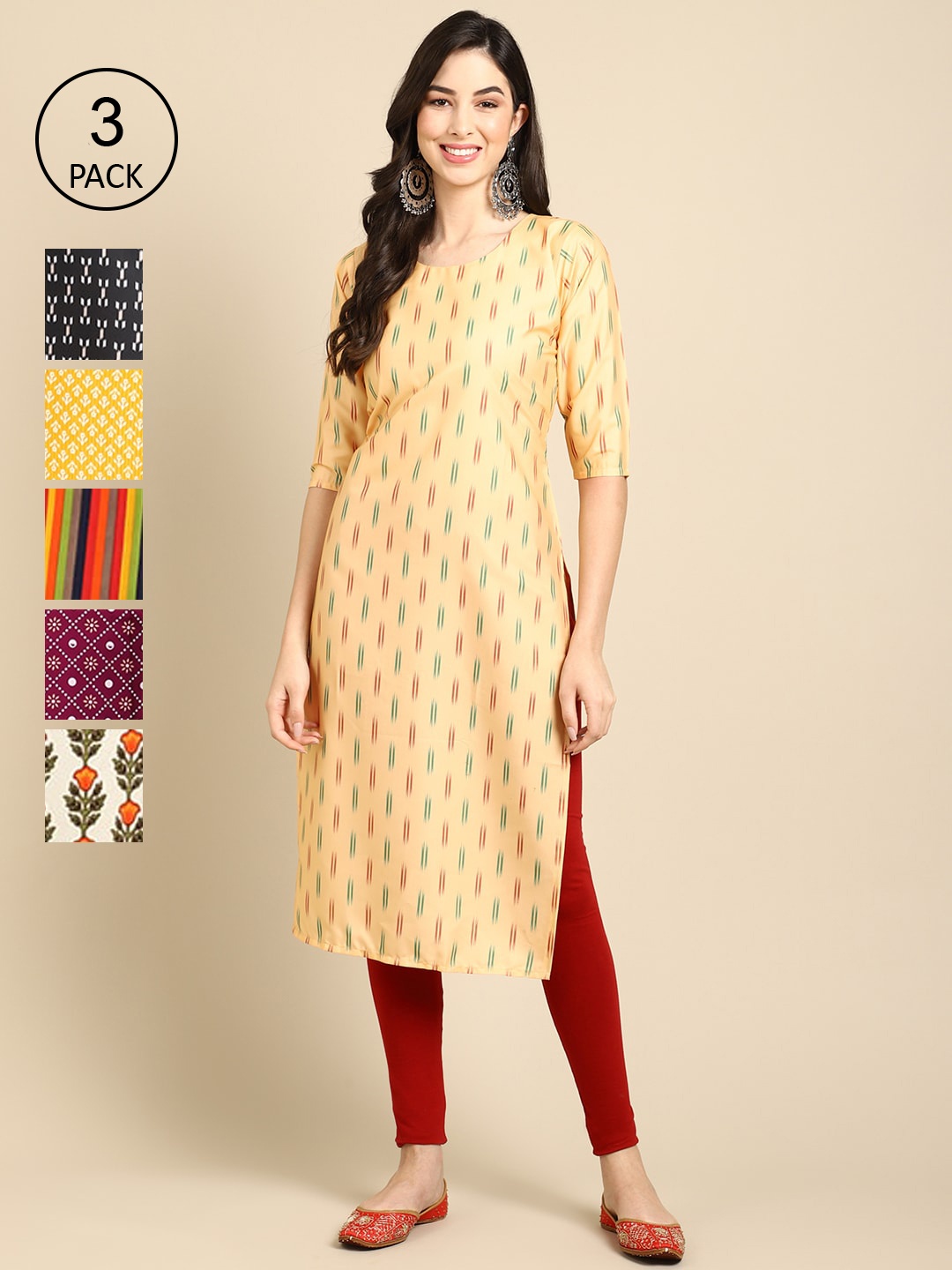 

Ethnic basket Women Pack of 6 Geometric Summer Sheers Crepe Anarkali Kurta, Yellow