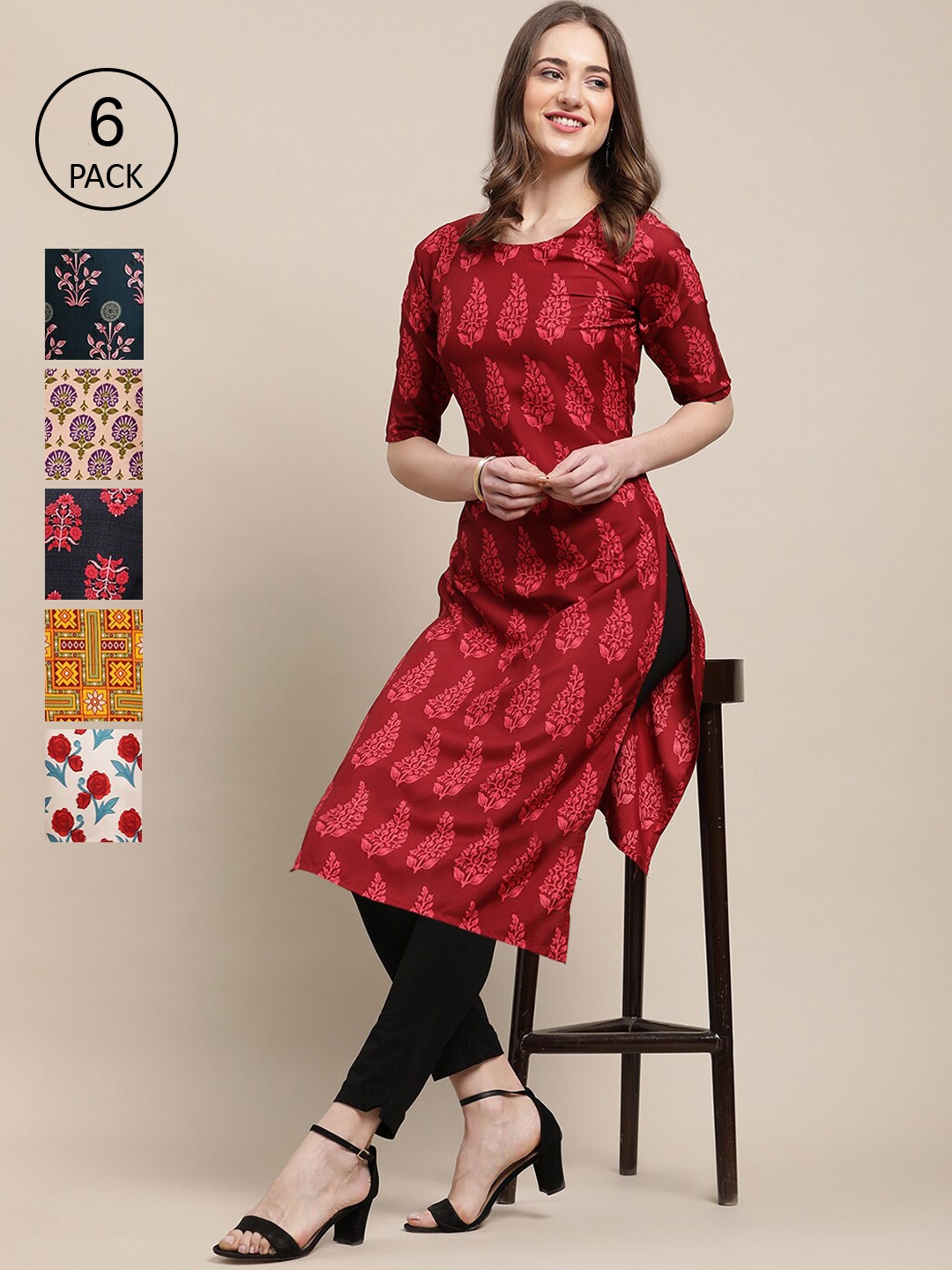 

Ethnic basket Women Pack of 6 Ethnic Motifs Printed Summer Sheers Crepe Kurta, Red