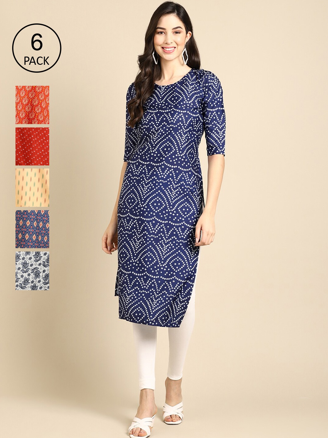 

Ethnic basket WomenPack of 6 Geometric Printed Summer Sheers Crepe Kurta, Navy blue