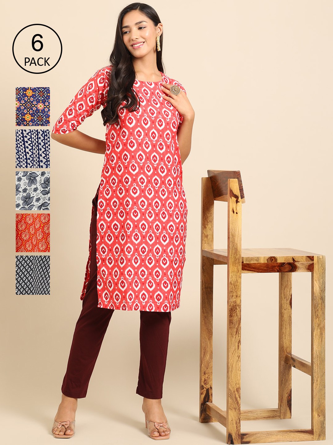 Ethnic basket Women Pack of 6 Geometric Printed Summer Sheers Crepe Kurta, Pink