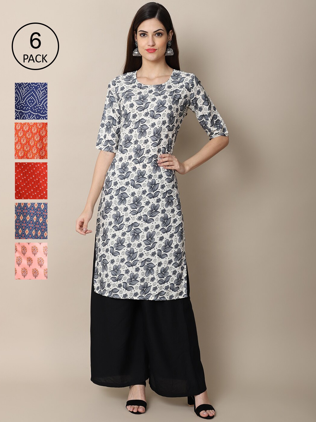 

Ethnic basket Women Pack of 6 Ethnic Motifs Printed Summer Sheers Crepe Kurta, Blue
