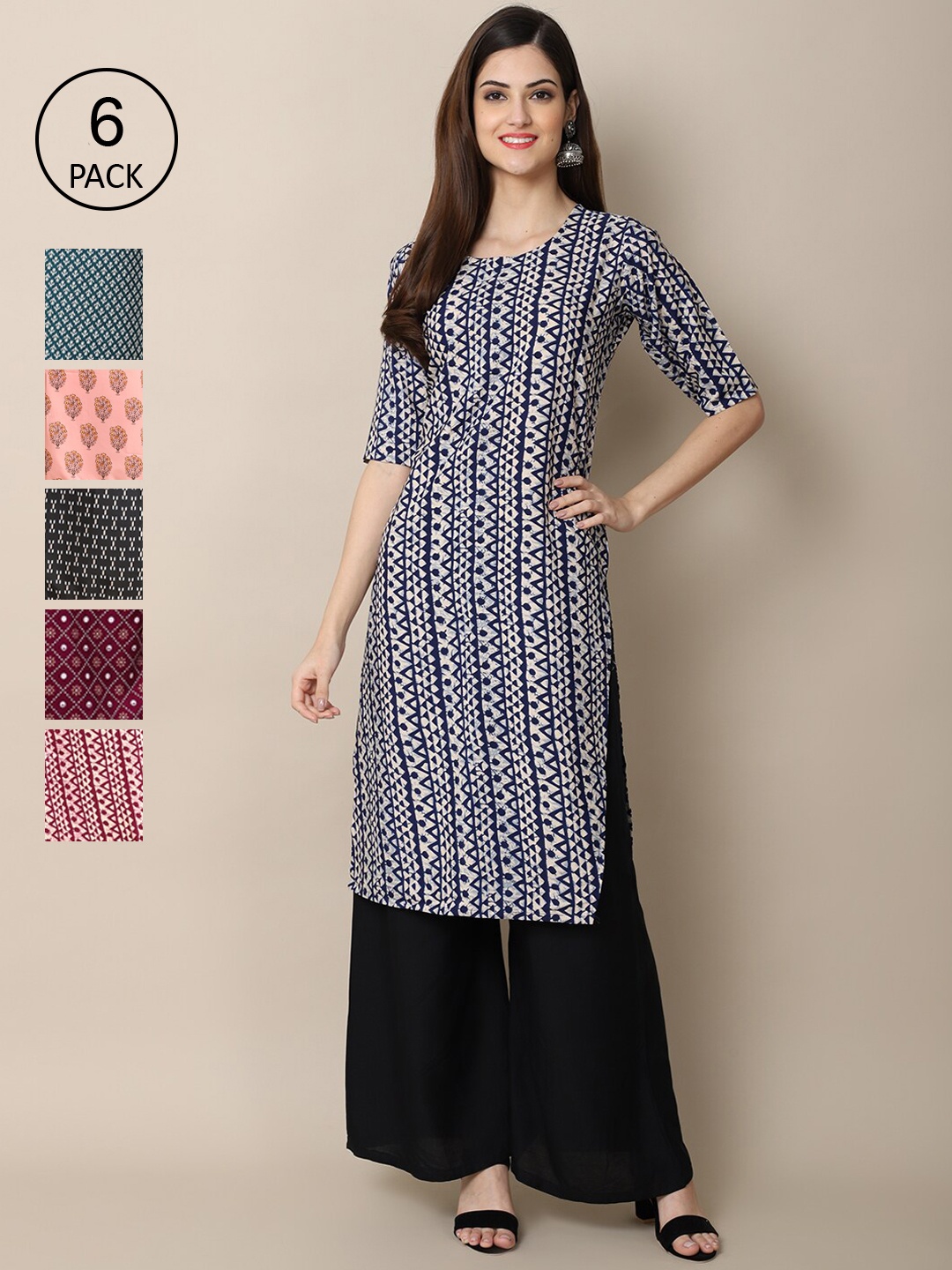 

Ethnic basket Women Pack of 6 Ethnic Motifs Printed Summer Sheers Crepe Kurta, Pink