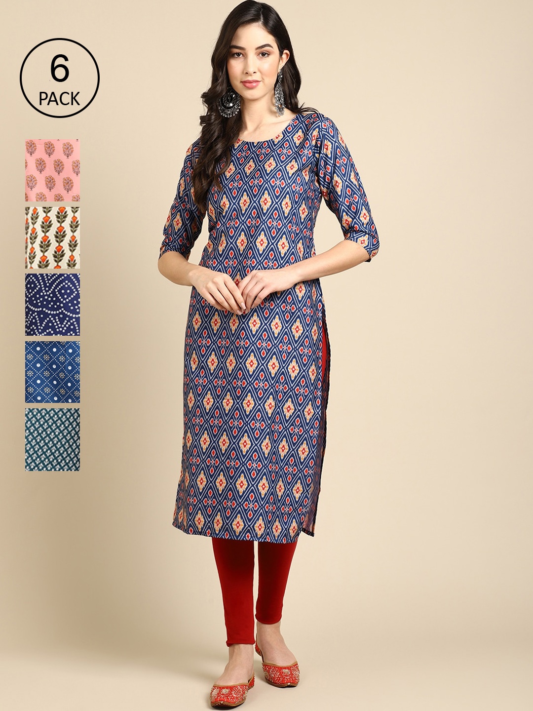 

Ethnic basket Women Pack of 6 Geometric Crepe Kurta, Blue