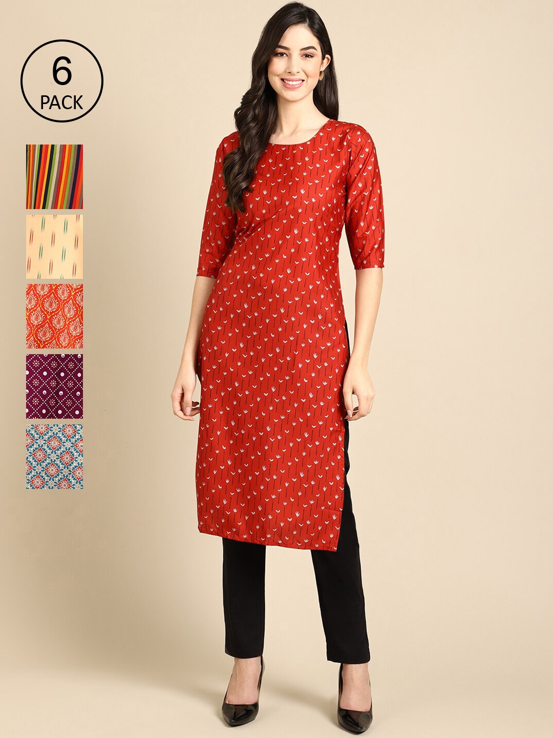 

Ethnic basket Women Pack of 6 Geometric Printed Crepe Kurta, Red