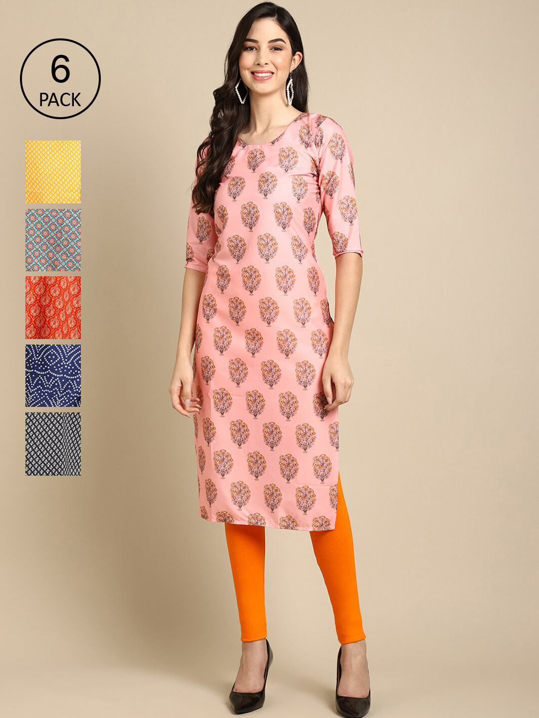 

Ethnic basket Women Pack of 6 Geometric Printed Crepe Kurta, Pink