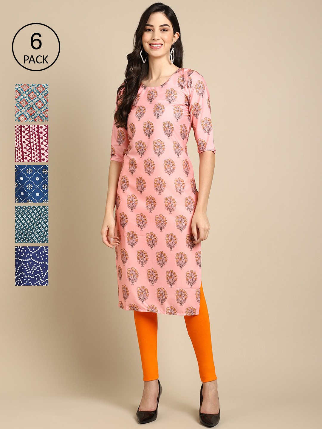 

Ethnic basket Women Pack of 6 Geometric Printed Crepe Kurta, Pink