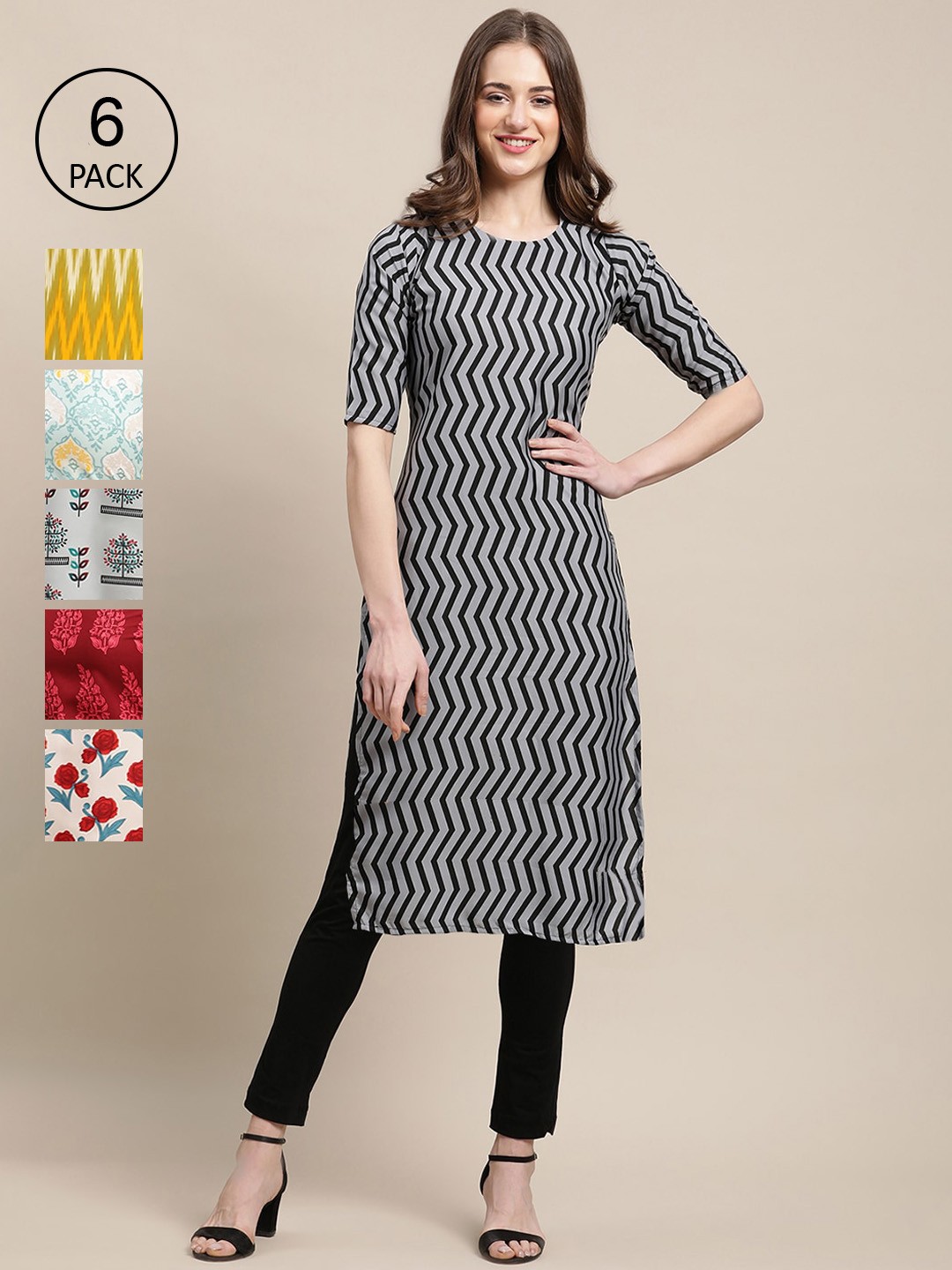 

Ethnic basket Women Pack of 6 Geometric Printed Crepe Kurta, Black