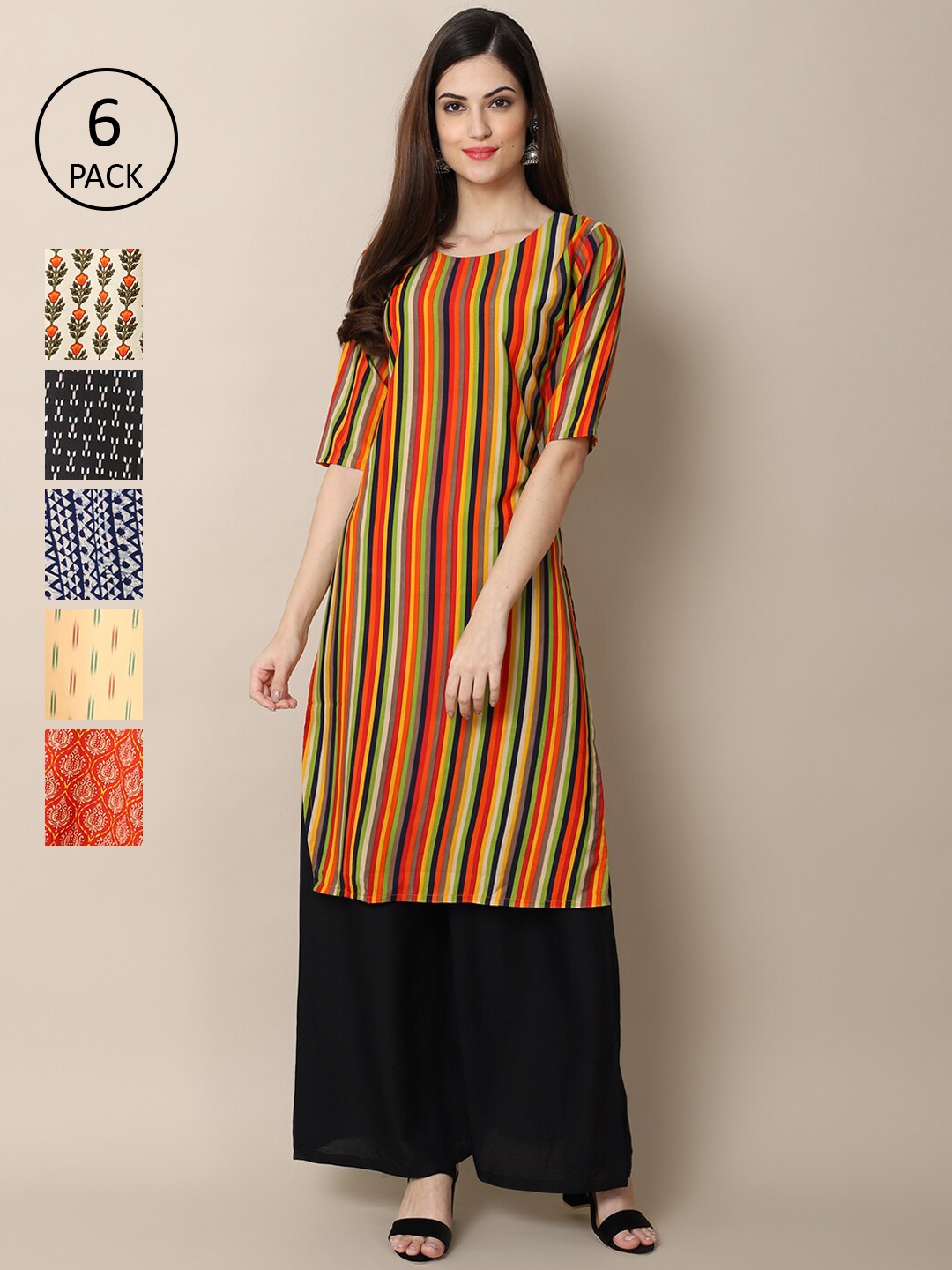 

Ethnic basket Women Pack Of 6 Printed Crepe Straight Kurta, Beige