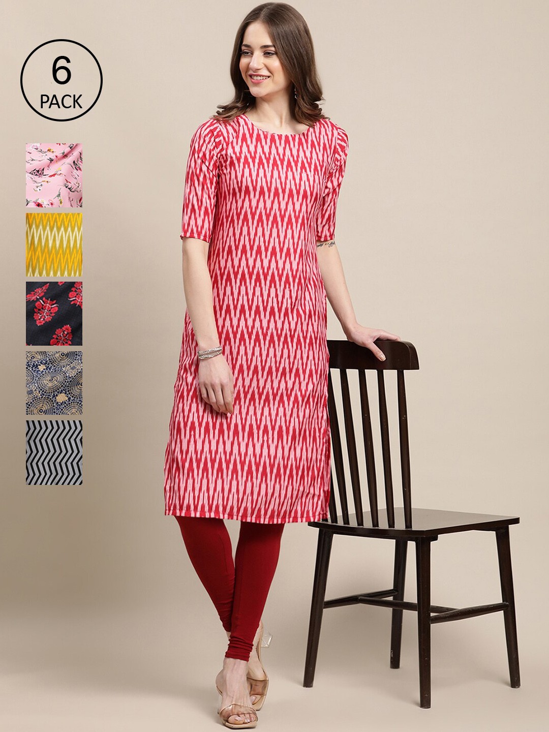 

Ethnic basket Women Set Of 6 Printed Crepe Straight Kurta, Pink