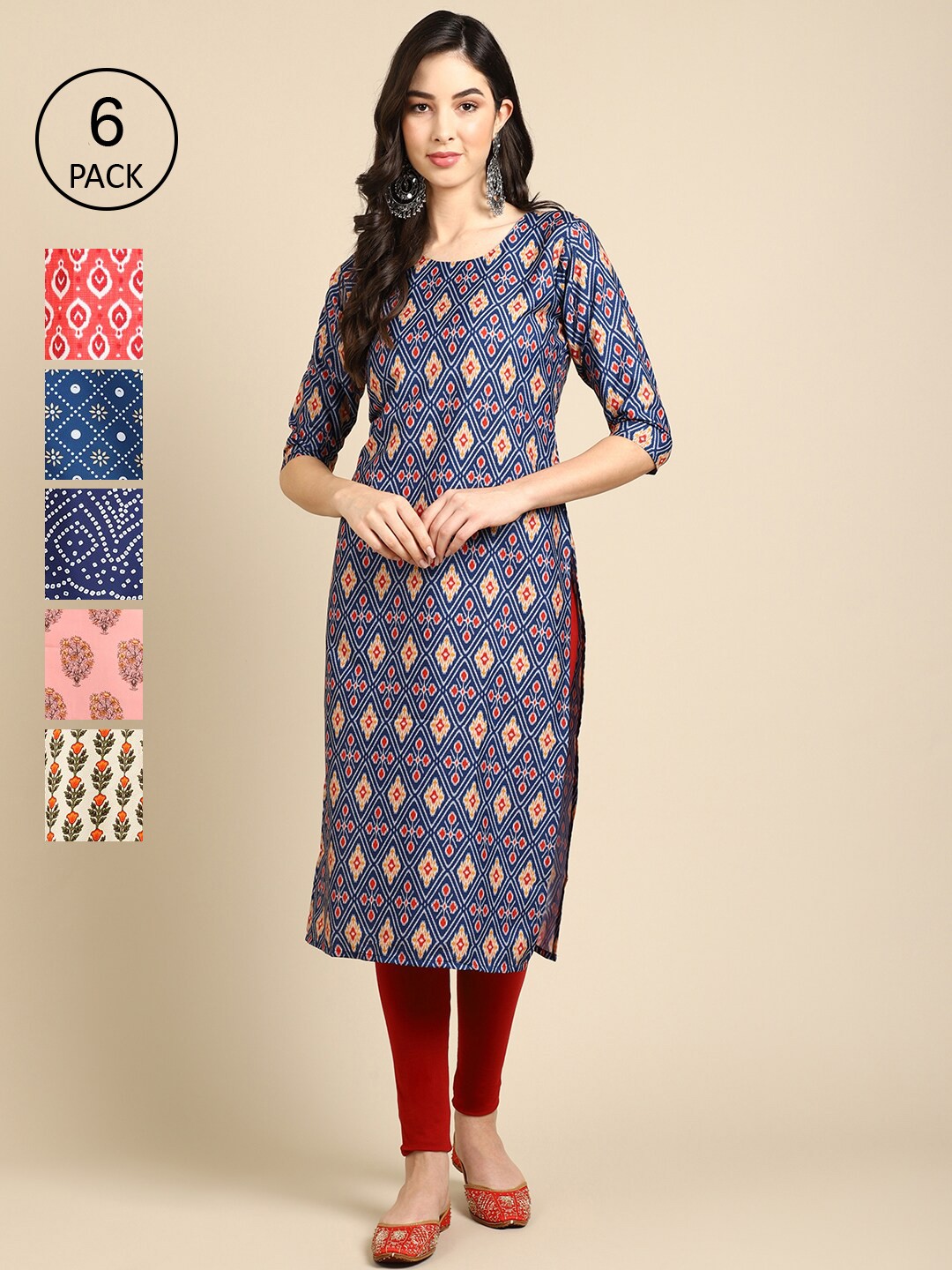 

Ethnic basket Women Pack Of 6 Printed Crepe Straight Kurta, Blue