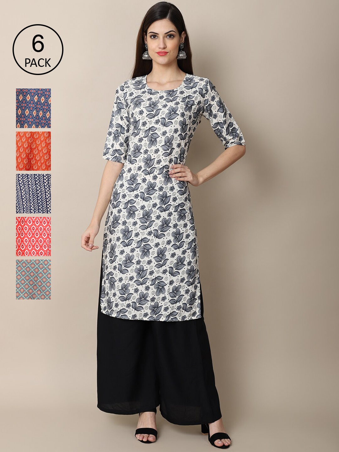 

Ethnic basket Women Pack Of 6 Printed Crepe Straight Kurta, Blue
