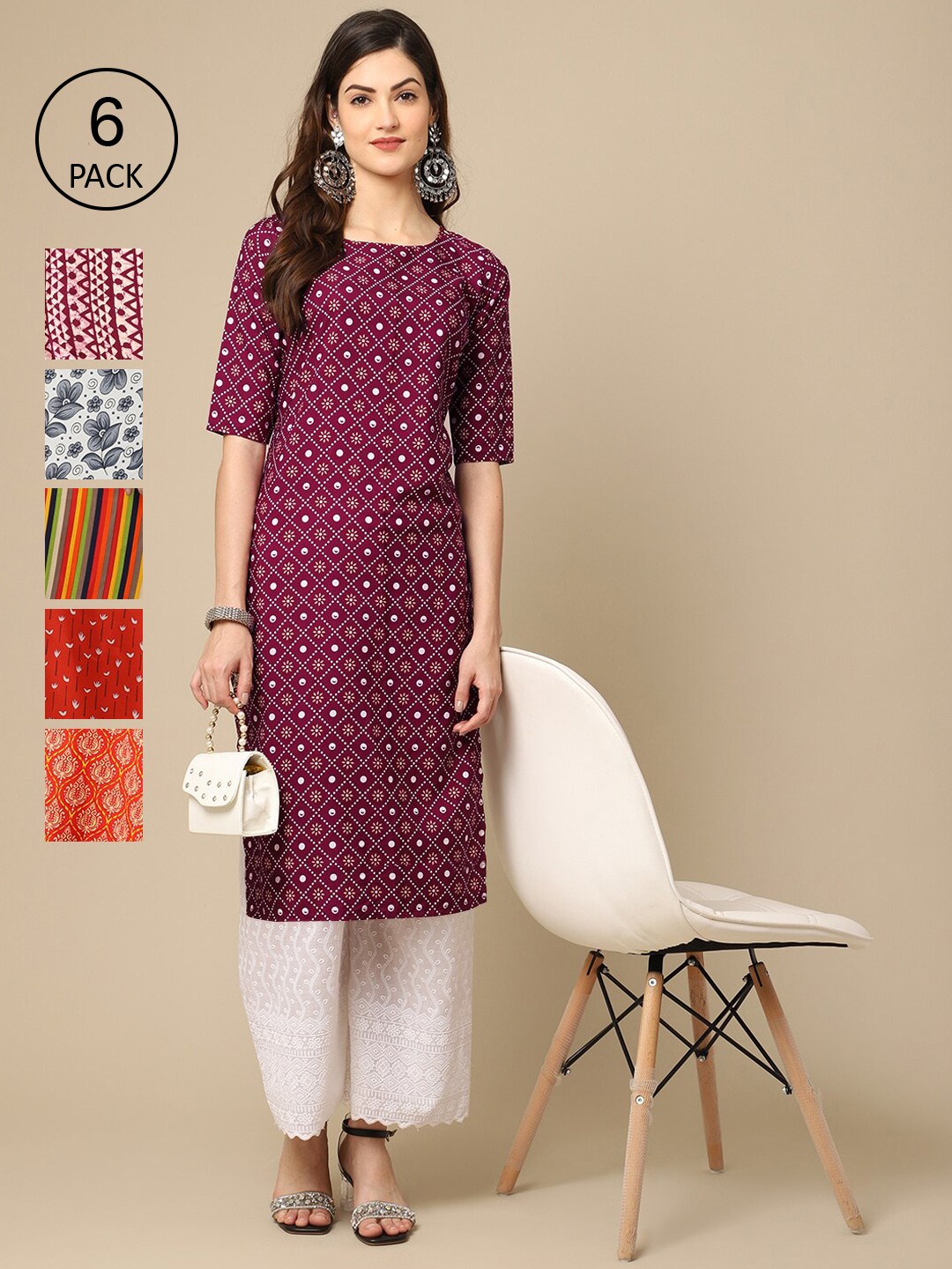 

Ethnic basket Women Pack Of 6 Printed Crepe Straight Kurta, Red