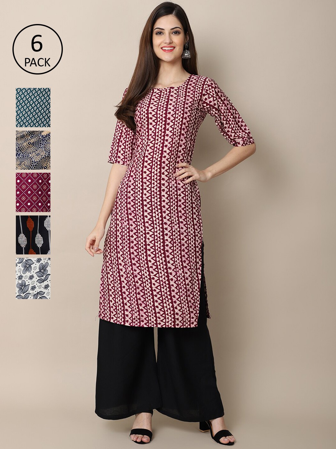 

Ethnic basket Women Pack Of 6 Printed Crepe Straight Kurta, Magenta