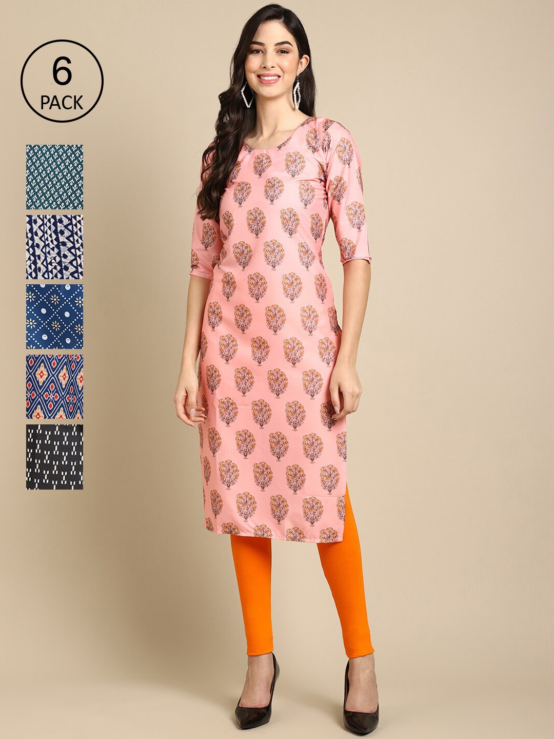 

Ethnic basket Women Pack Of 6 Printed Crepe Straight Kurta, Blue