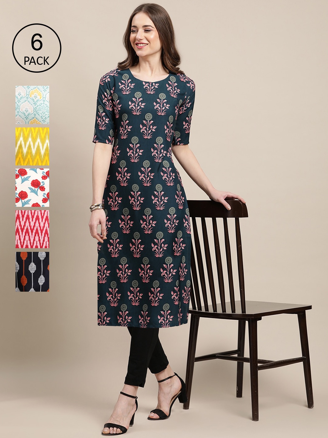 

Ethnic basket Women Pack Of 6 Printed Crepe Straight Kurta, Pink