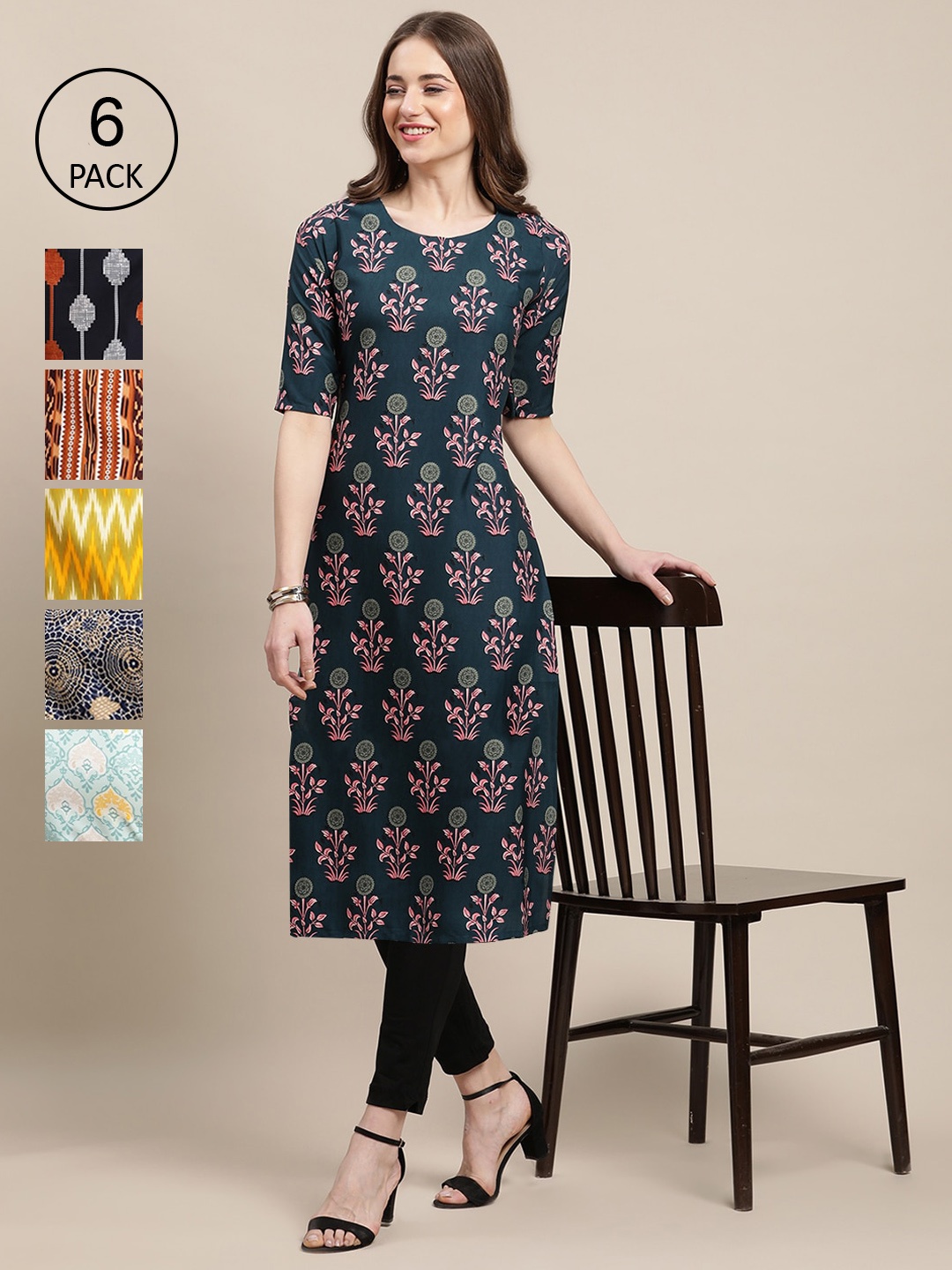 

Ethnic basket Women Pack Of 6 Printed Crepe Straight Kurta, Teal
