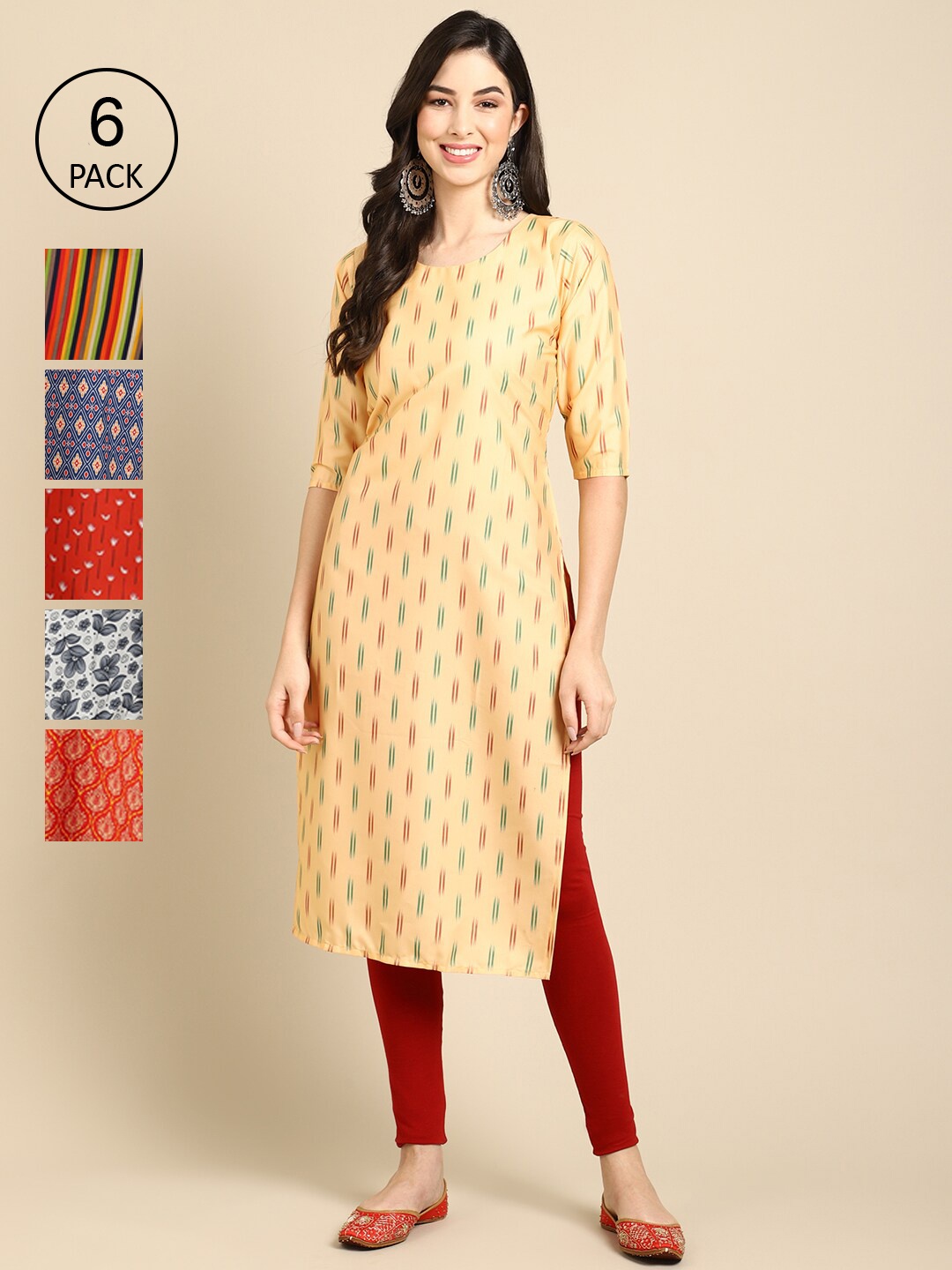 Ethnic basket Women Pack Of 6 Printed Crepe Straight Kurta, Red
