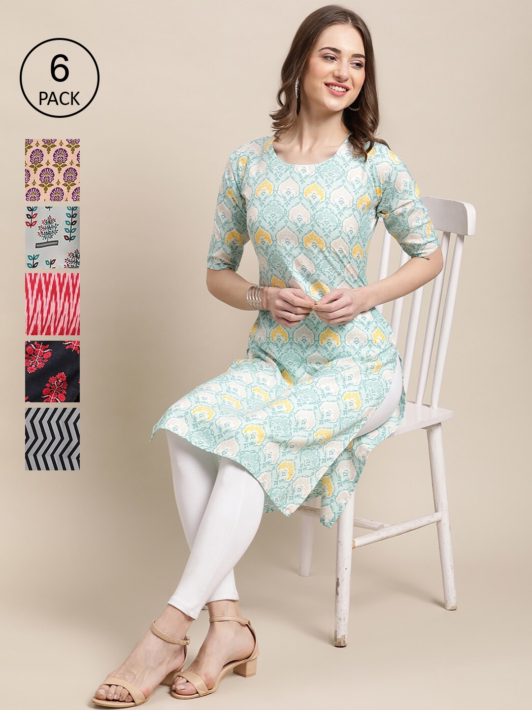

Ethnic basket Women Pack Of 6 Printed Crepe Straight Kurta, Pink