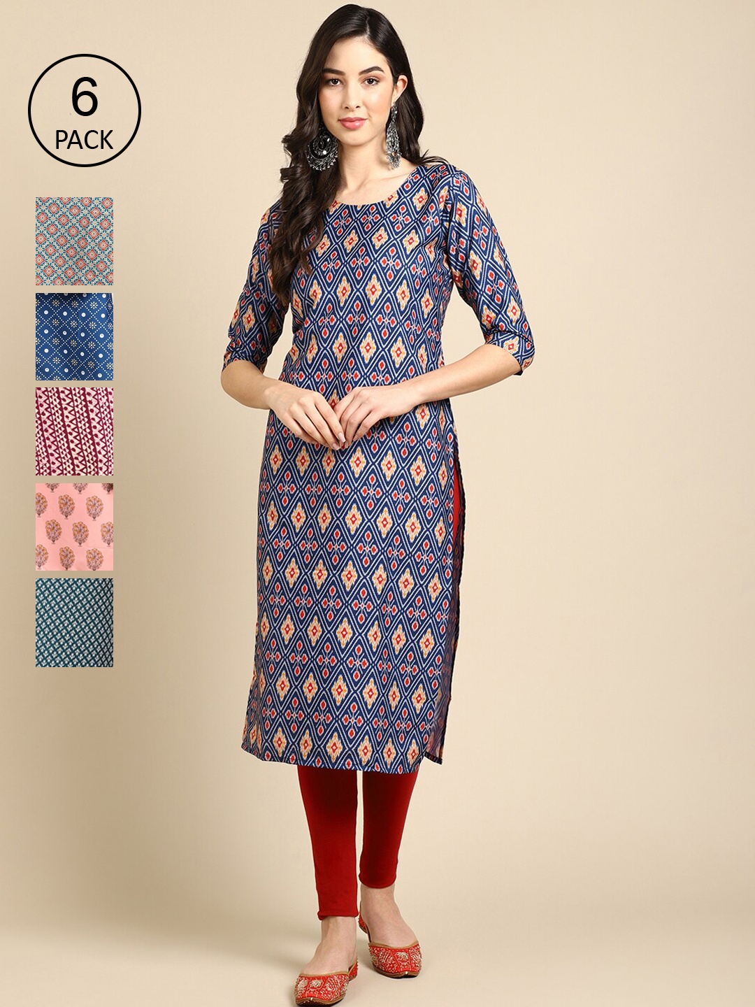

Ethnic basket Women Pack Of 6 Printed Crepe Straight Kurta, Blue