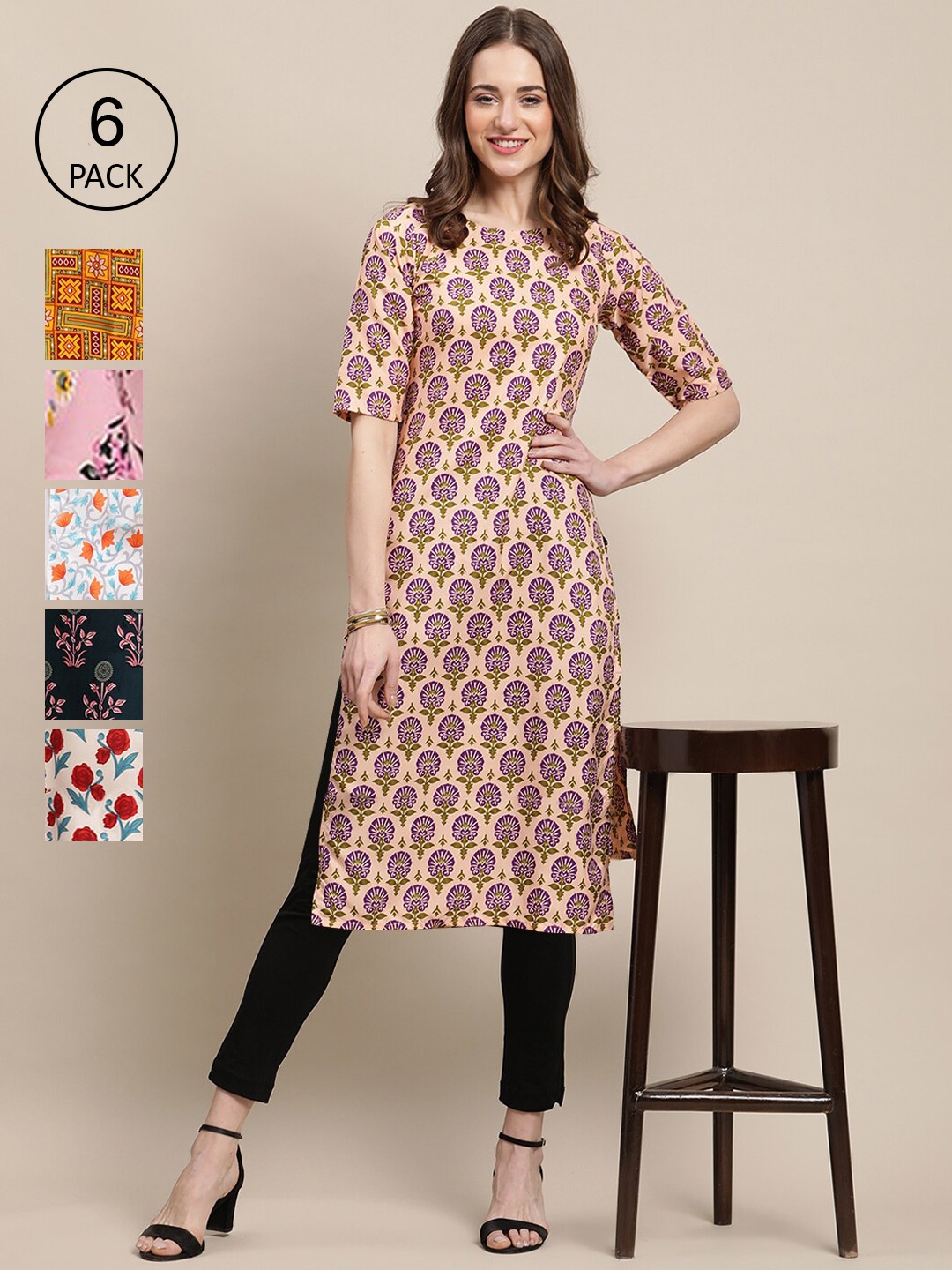 

Ethnic basket Women Pack Of 6 Printed Crepe Straight Kurta, Pink