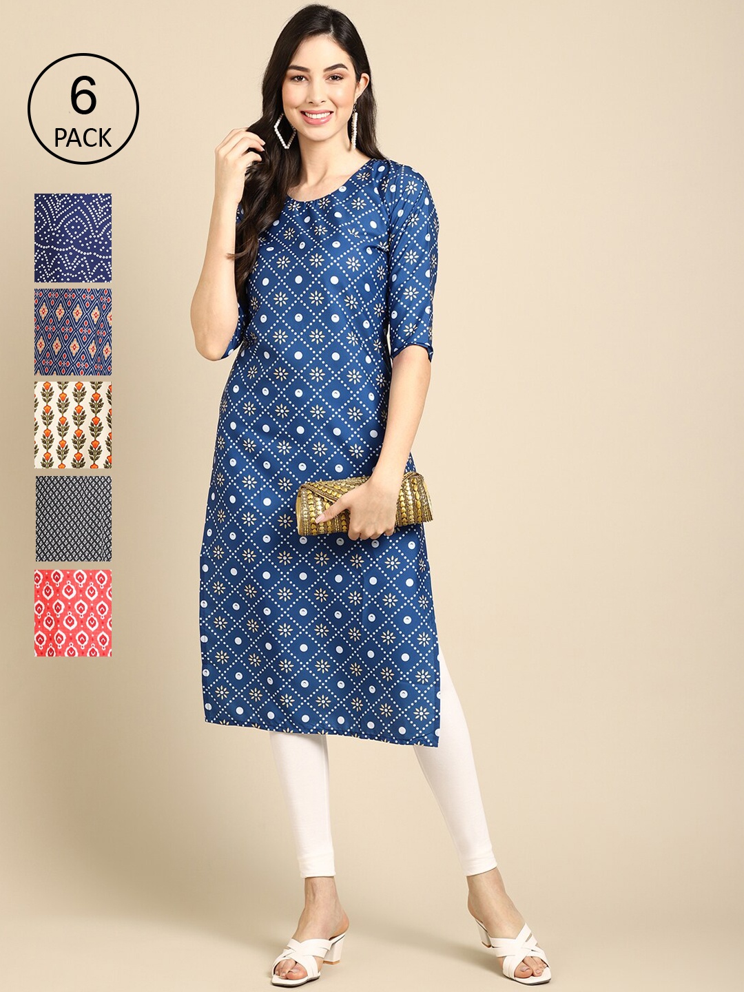 

Ethnic basket Women Pack Of 6 Printed Crepe Straight Kurta, Blue