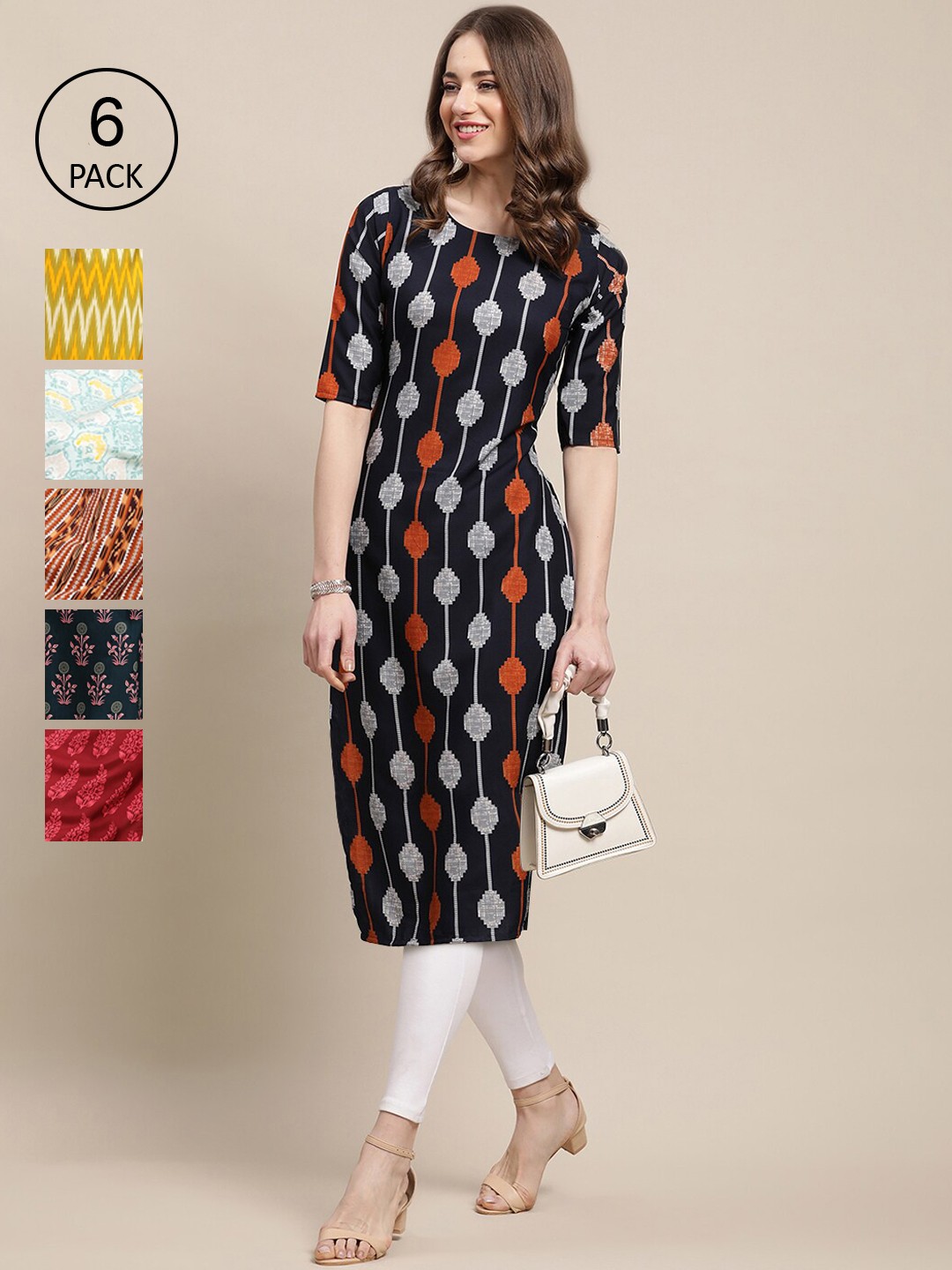 

Ethnic basket Women Pack Of 6 Printed Crepe Straight Kurta, Black