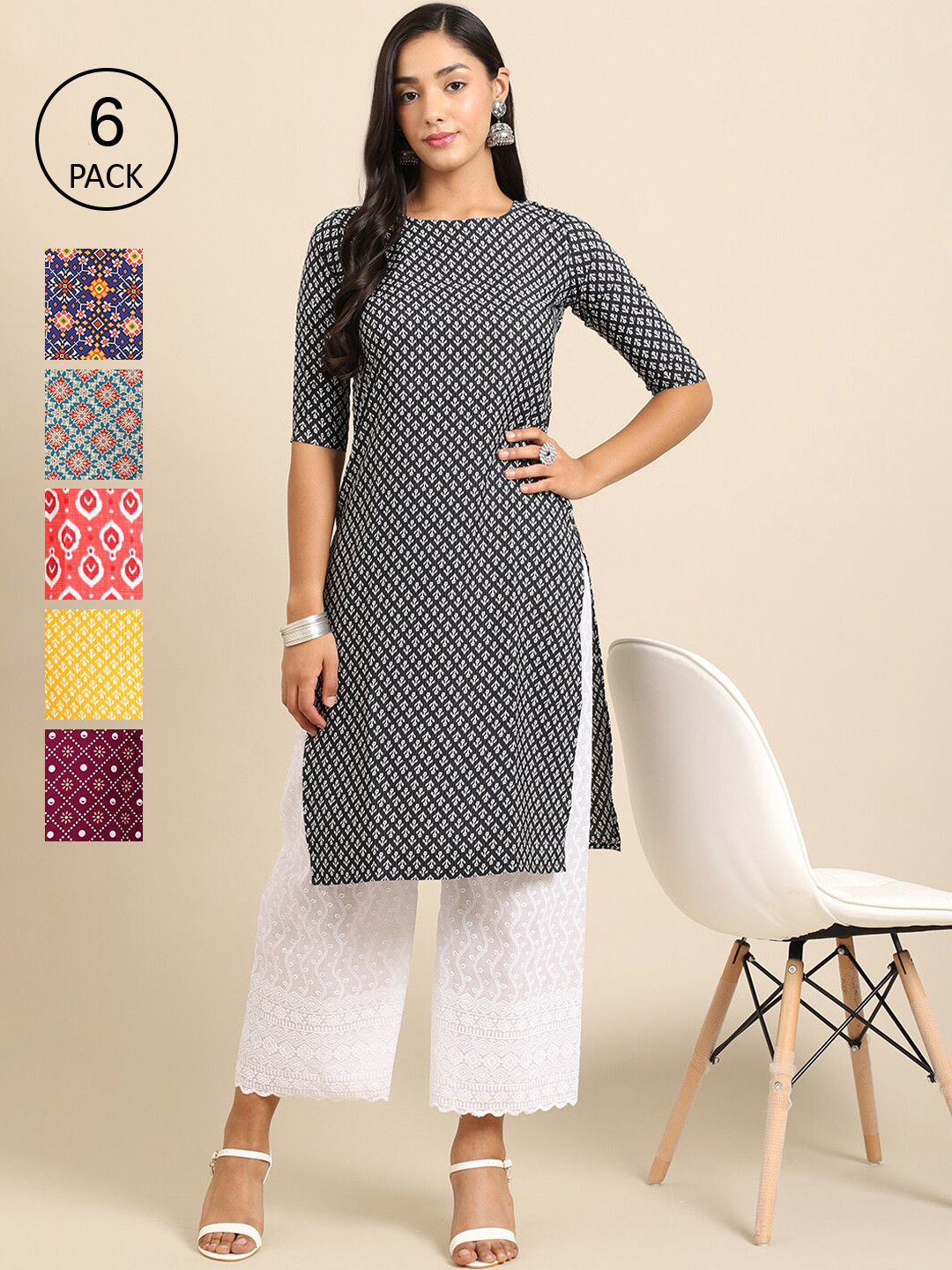 

Ethnic basket Women Pack of 6 Ethnic Motifs Printed Crepe Kurta, Black
