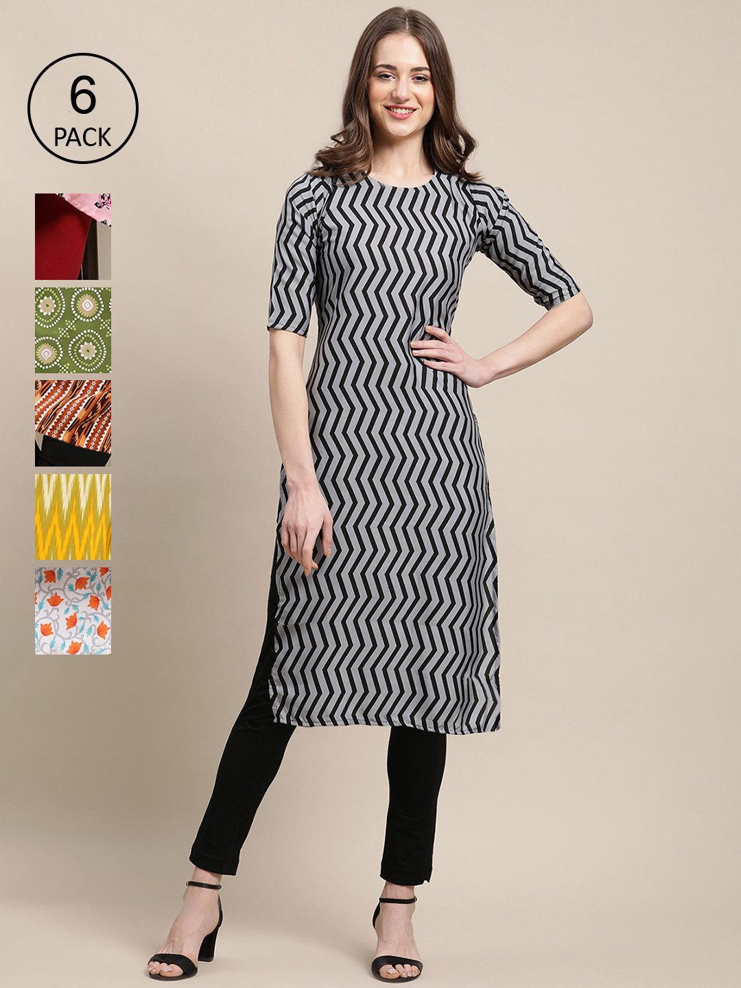 

Ethnic basket Women Pack of 6 Floral Printed Crepe Kurta, Black