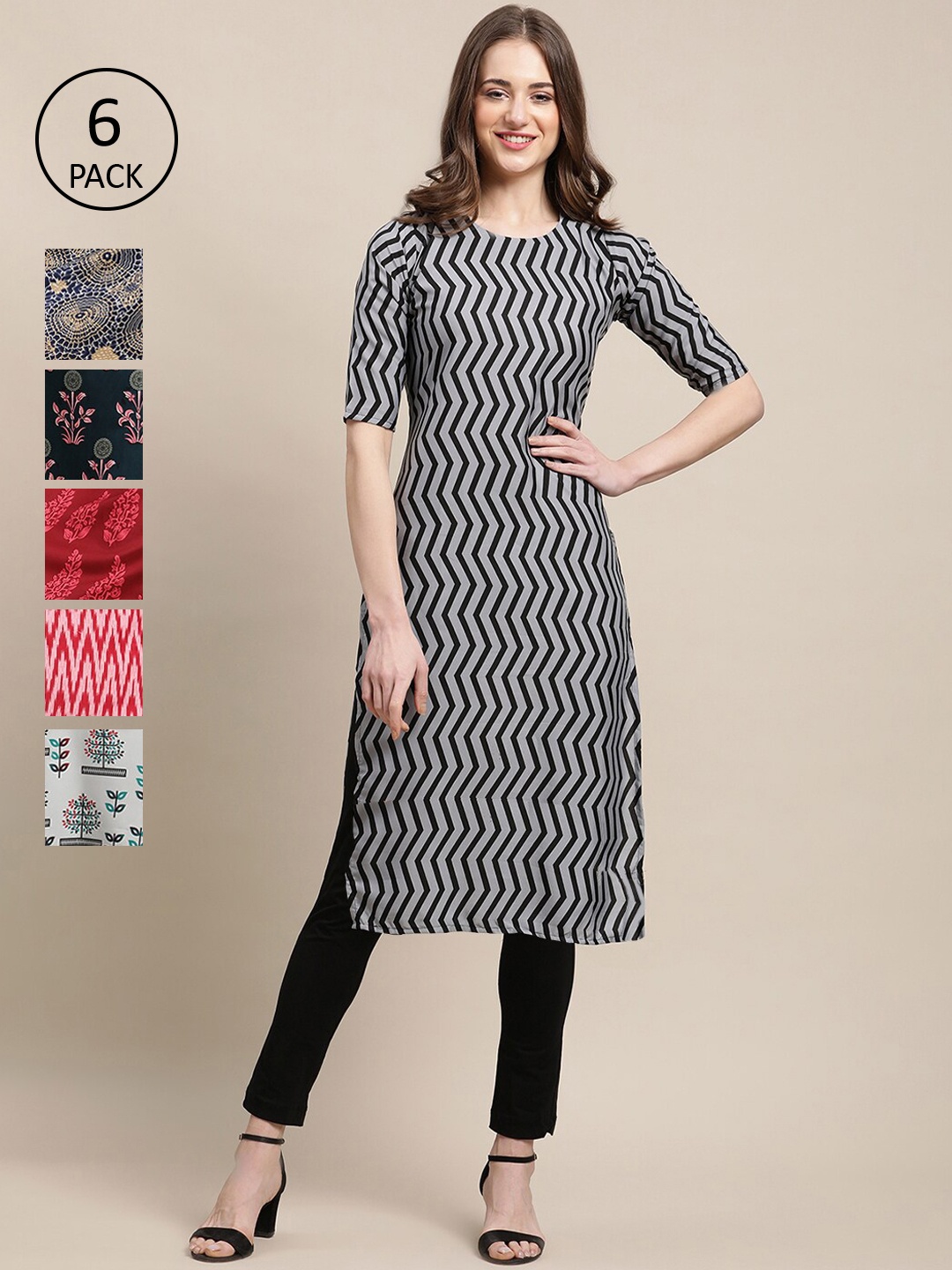 

Ethnic basket Women Pack of 6 Ethnic Motifs Printed Crepe Kurta, Black