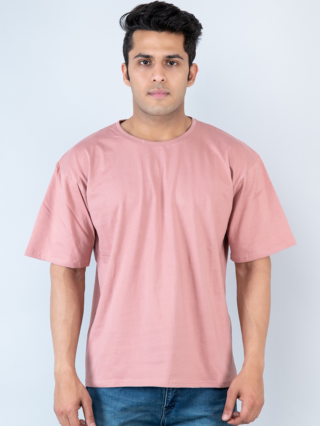 

Tistabene Men Coral Drop-Shoulder Sleeves Raw Edge Loose Cotton T-shirt