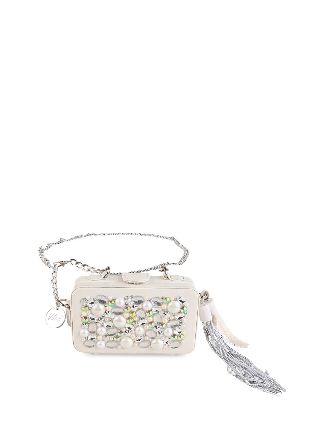 

Vdesi Women White Pearl Studded Waist Cum Sling Pouch