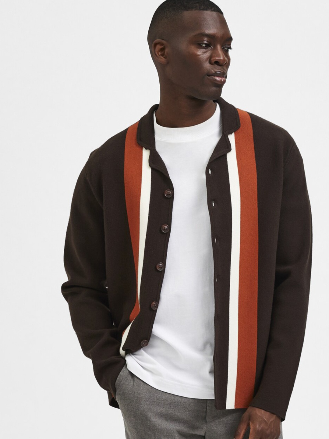 

SELECTED Men Brown & Black Striped Cardigan